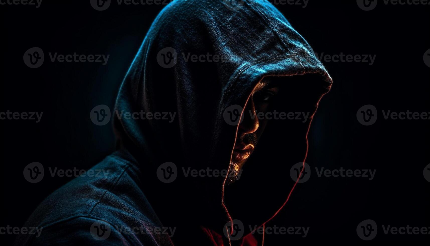 AI generated Mysterious thief in dark clothing hides in black background generated by AI photo