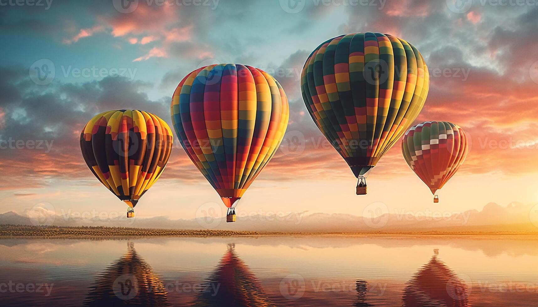 AI generated Hot air balloon flying in multi colored sky, outdoor adventure generated by AI photo