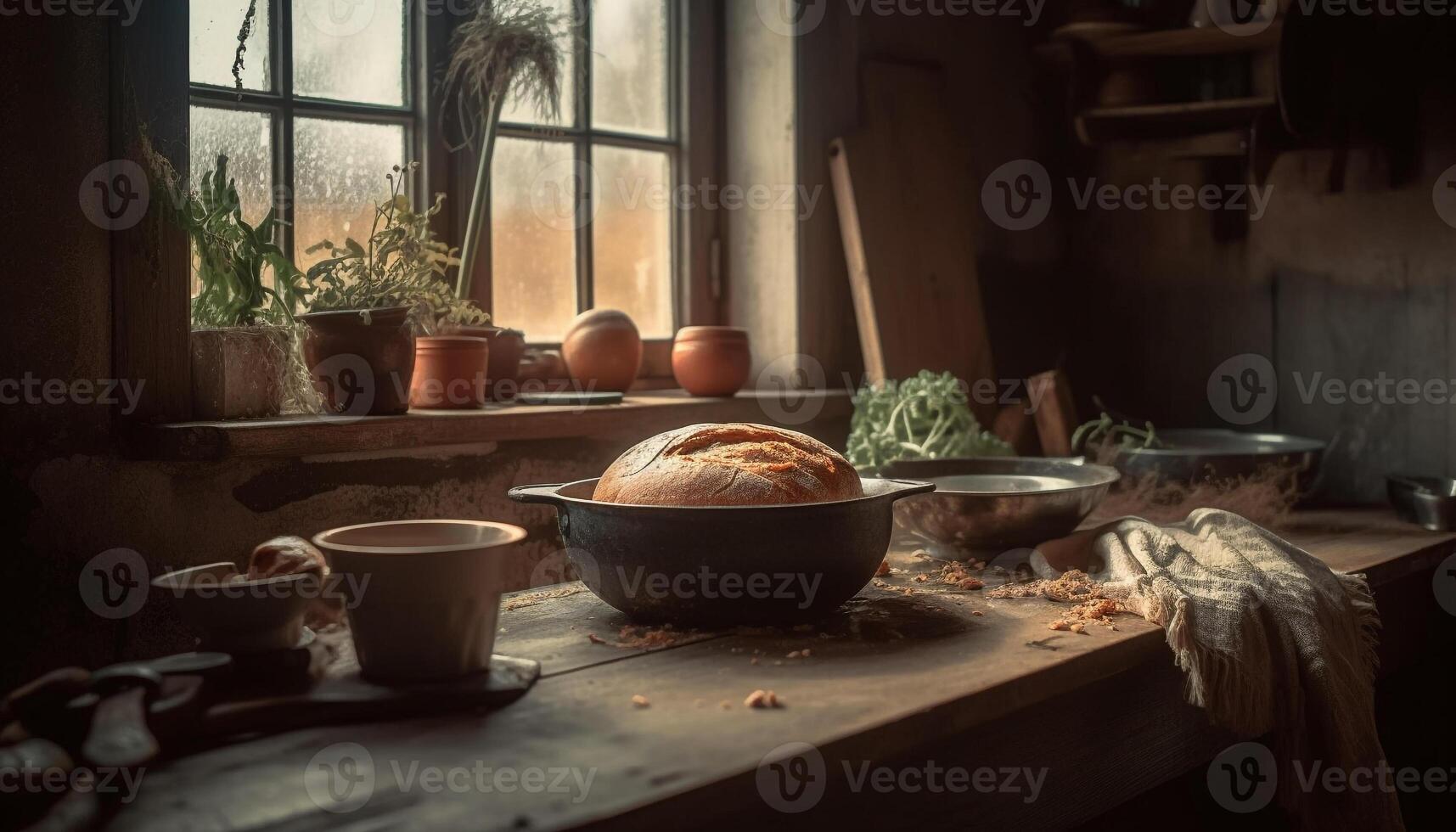 AI generated Homemade rustic meal fresh vegetable bread cooked in old oven generated by AI photo