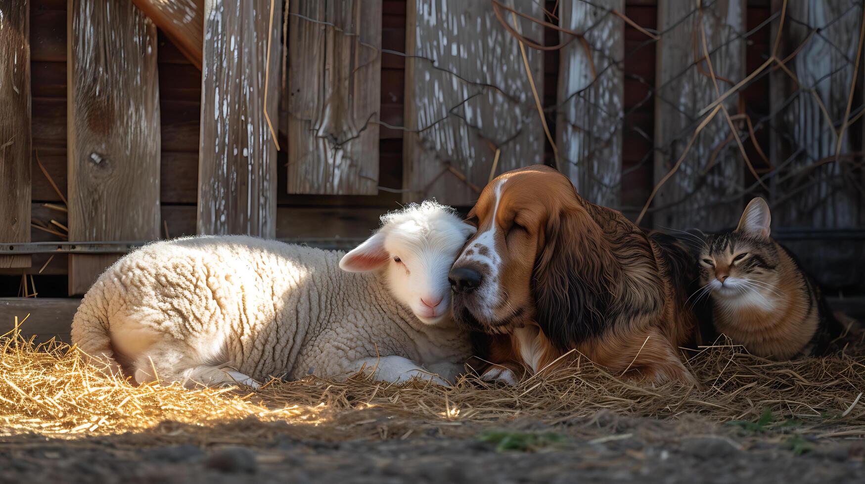 AI generated Unlikely Farmyard Harmony Lamb Cat and Hen Embrace Hound Observes in Contentment Under Golden Afternoon Sun photo