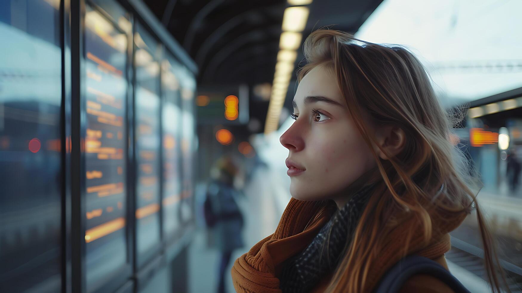 AI generated Young Woman Navigates Airport Terminal with Suitcase Planes in Background photo