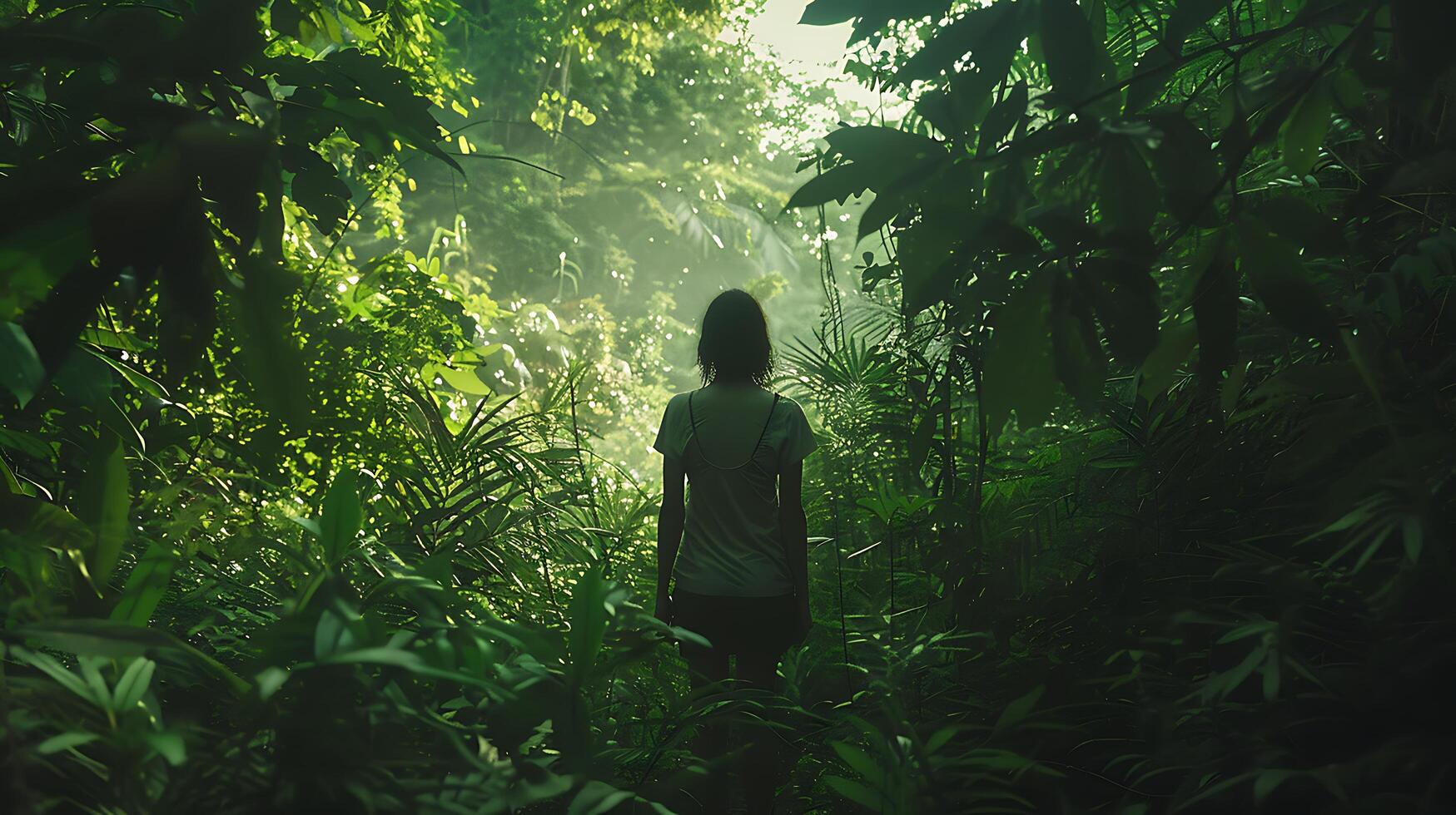 AI generated Woman Embraces Natures Majesty in Lush Forest Captured with Wide 50mm Lens photo