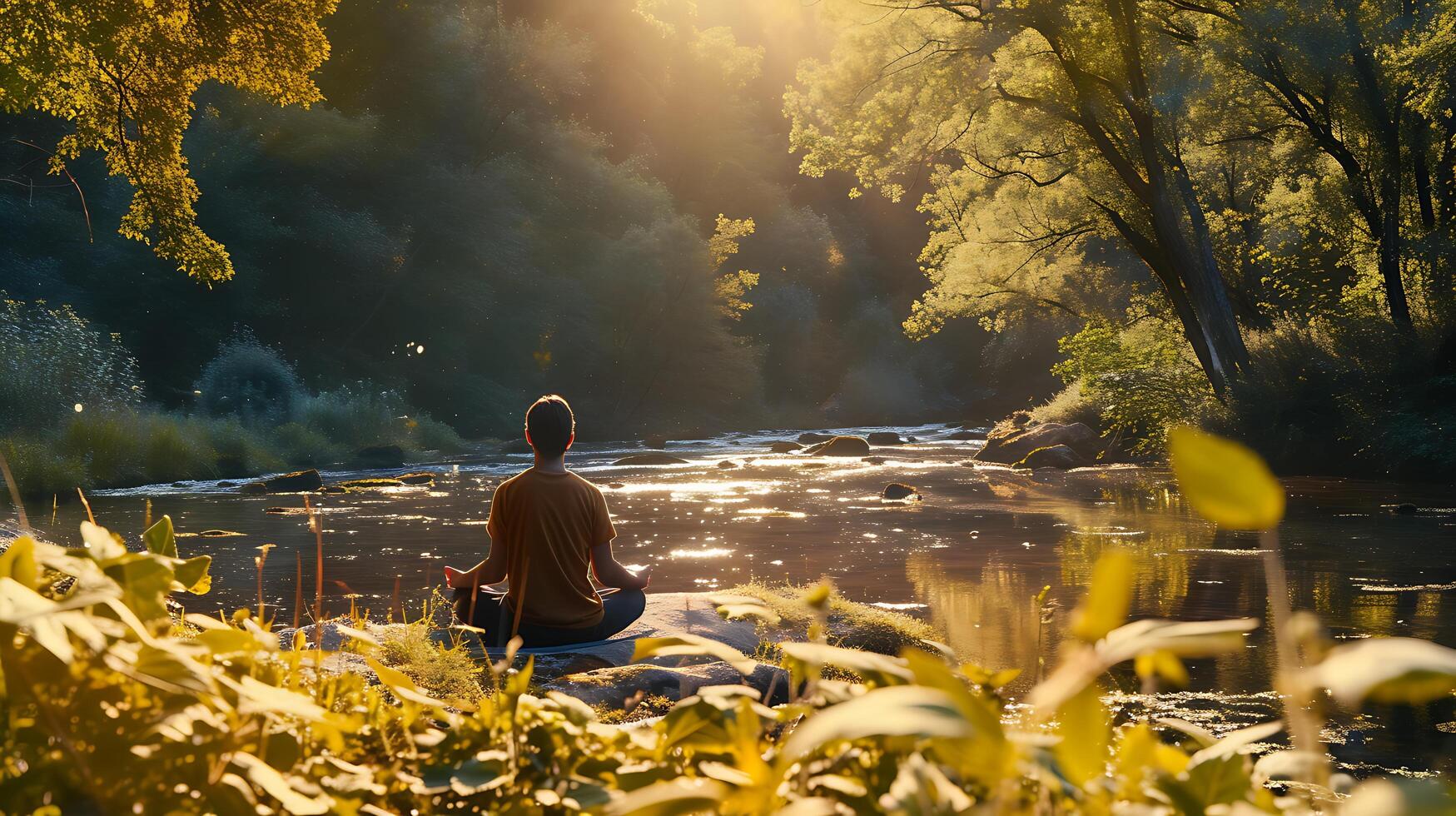 AI generated Serene Figure Meditates in Natures Embrace Bathed in Dappled Sunlight and Tranquil Stream Sounds photo