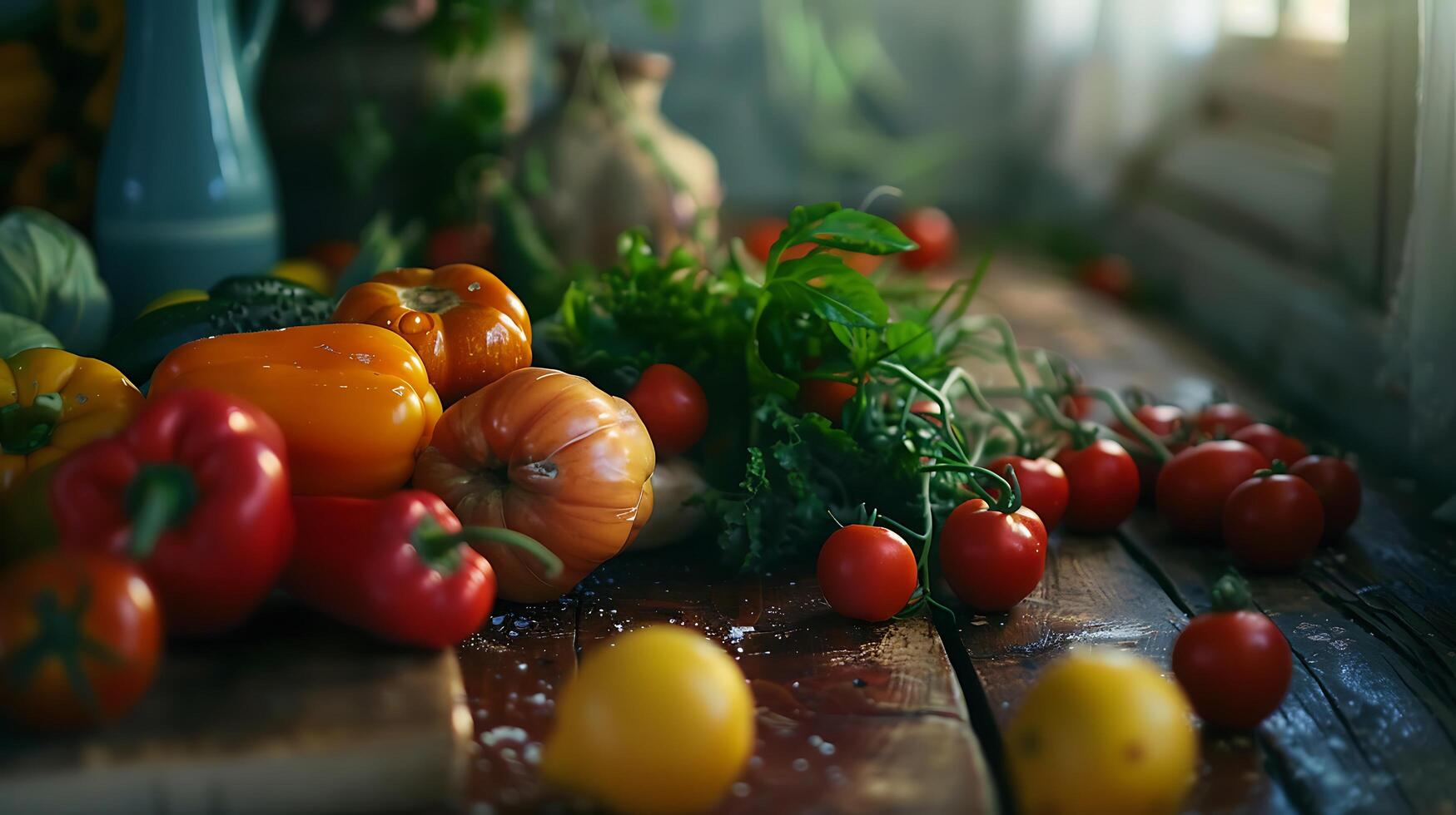 AI generated Fresh Fruits and Vegetables in Rustic Wooden Crate Bathed in Soft Natural Light photo