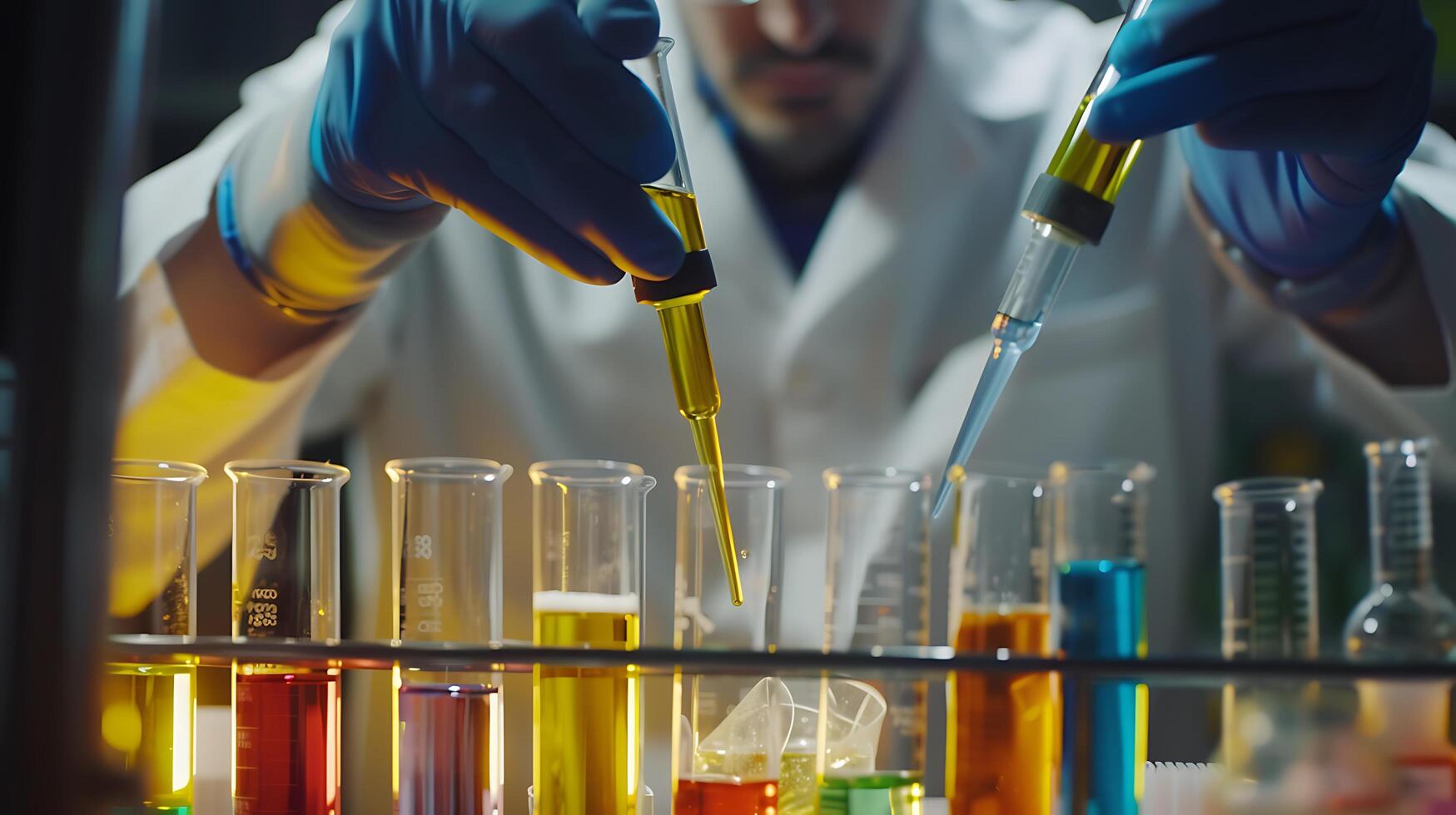 AI generated Scientist Conducts Precise Experiment in Lab Pouring Liquid into Beaker Amidst Scientific Equipment photo