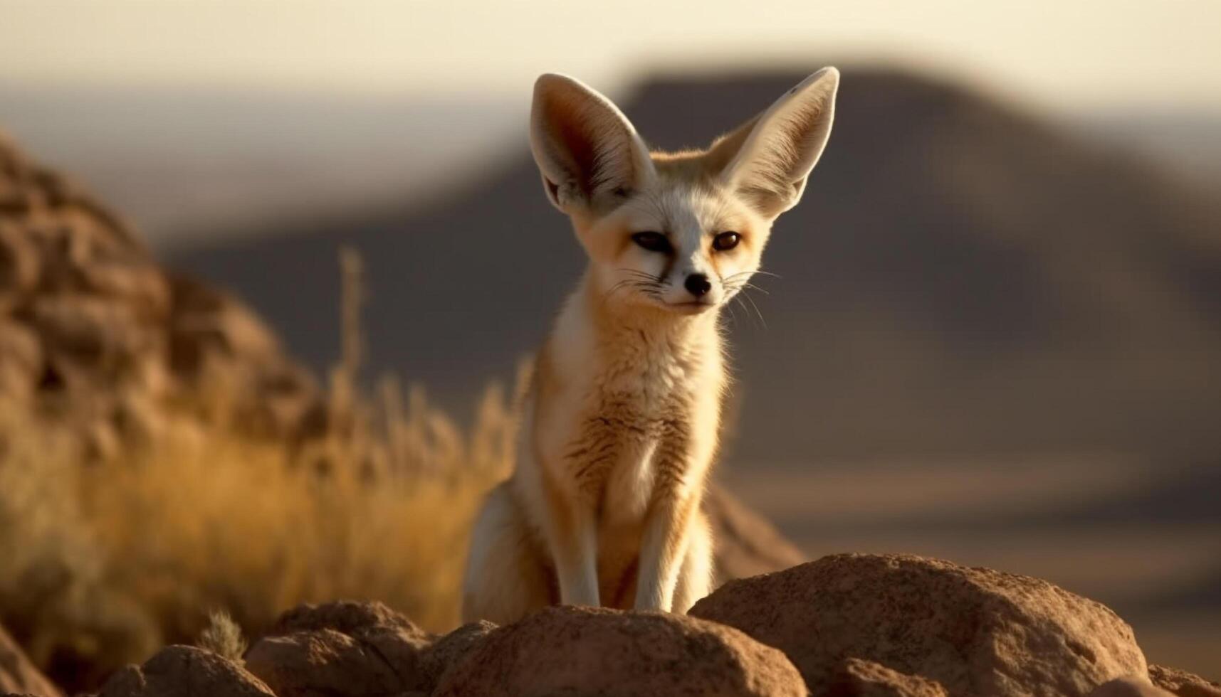 AI generated Cute meerkat sitting, staring at camera in African grassland generated by AI photo