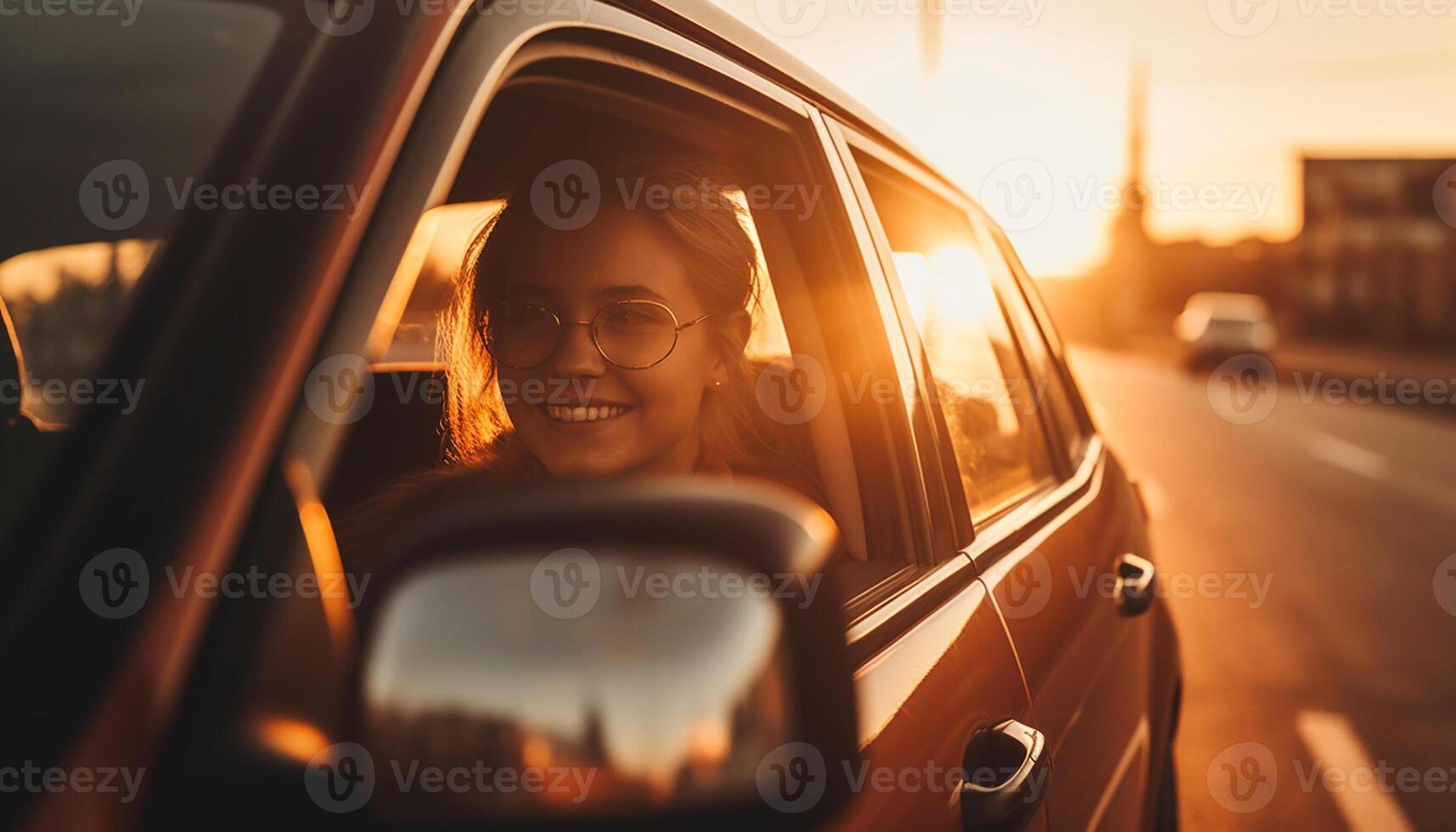 ai generado uno persona conducción auto, sonriente, disfrutando atardecer, confidente y despreocupado generado por ai foto