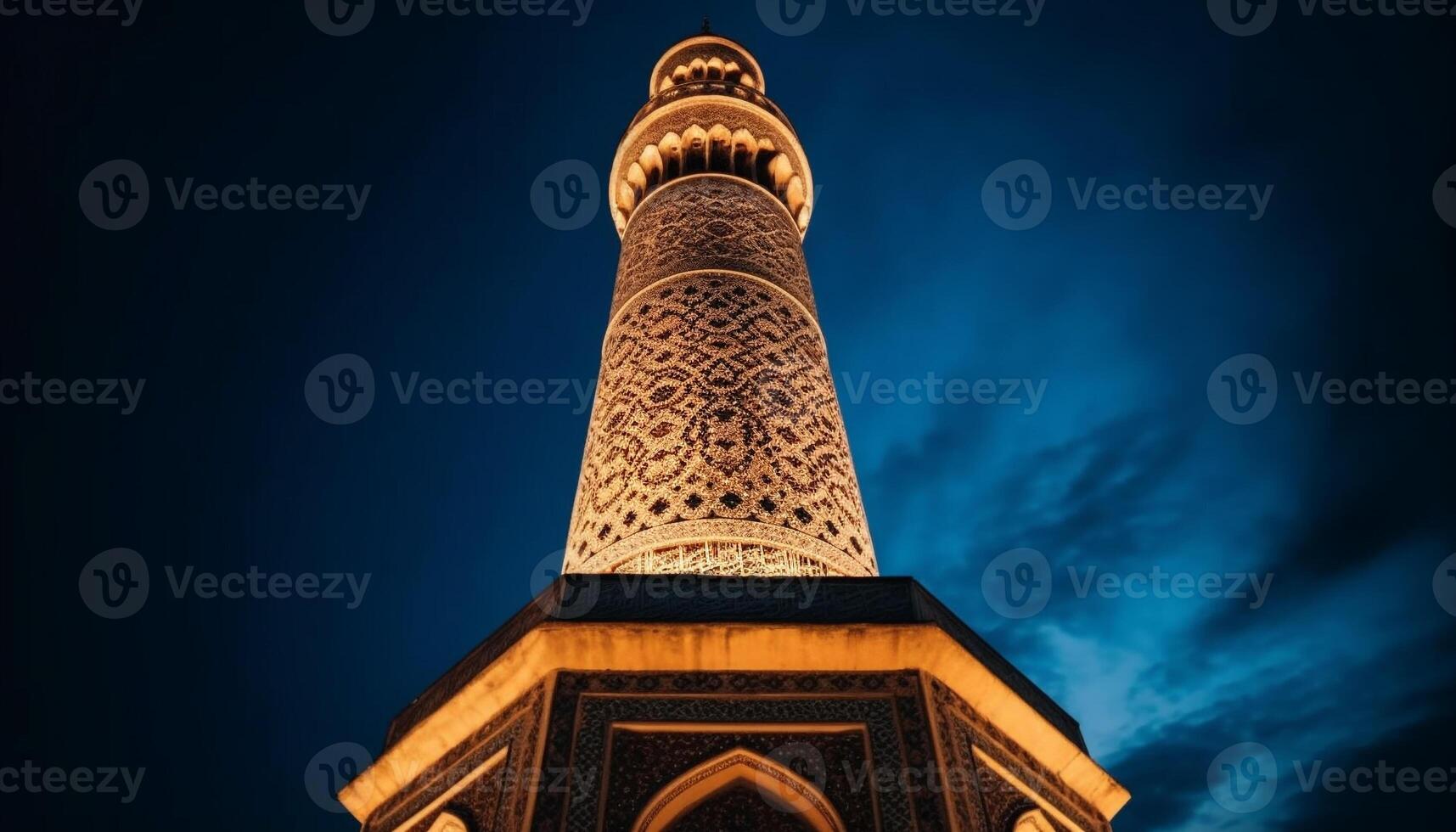 ai generado majestuoso alminar ilumina antiguo mezquita, simbolizando espiritualidad y cultural historia generado por ai foto