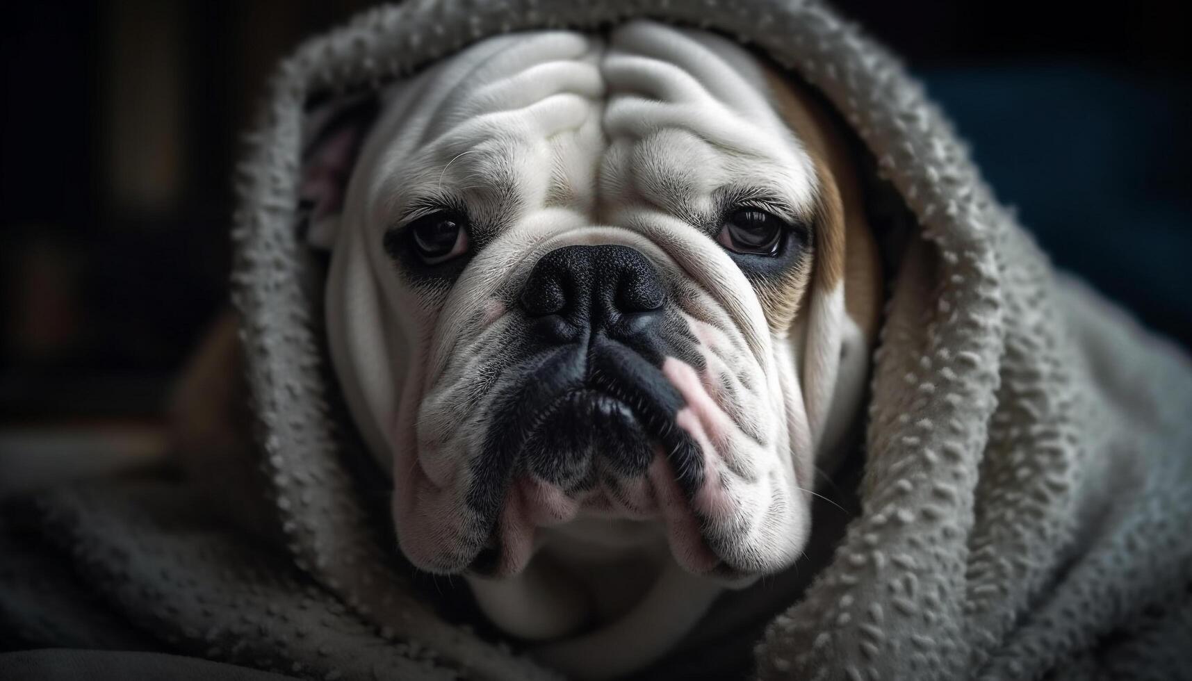 ai generado linda buldog perrito sentado al aire libre, mirando a cámara con piel generado por ai foto