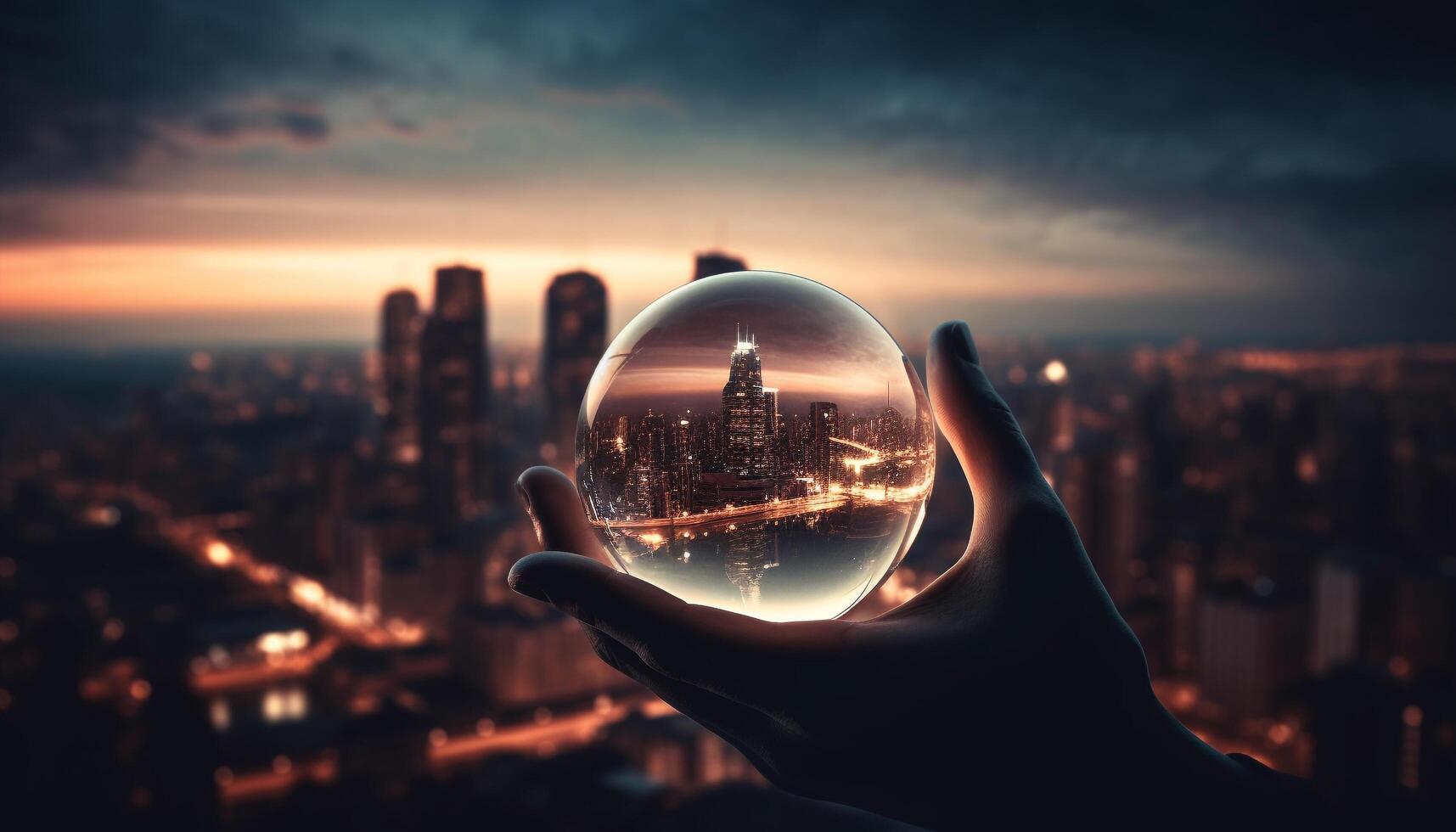AI generated Silhouette holding glowing sphere reflects cityscape panoramic sunset generated by AI photo