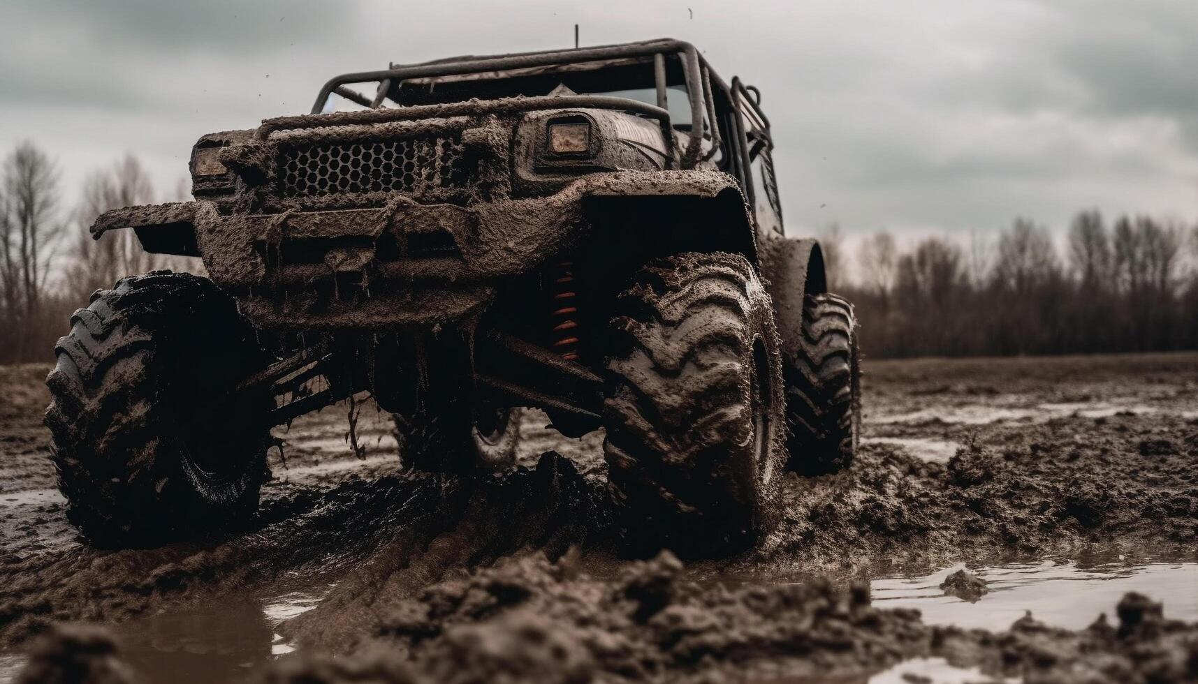 AI generated Off road vehicle driving through muddy dirt road in nature generated by AI photo