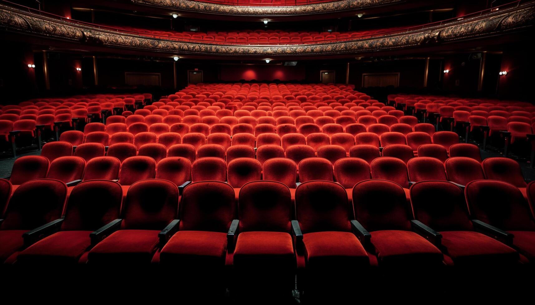 AI generated Empty auditorium, comfortable chairs, stage set for theatrical performance generated by AI photo