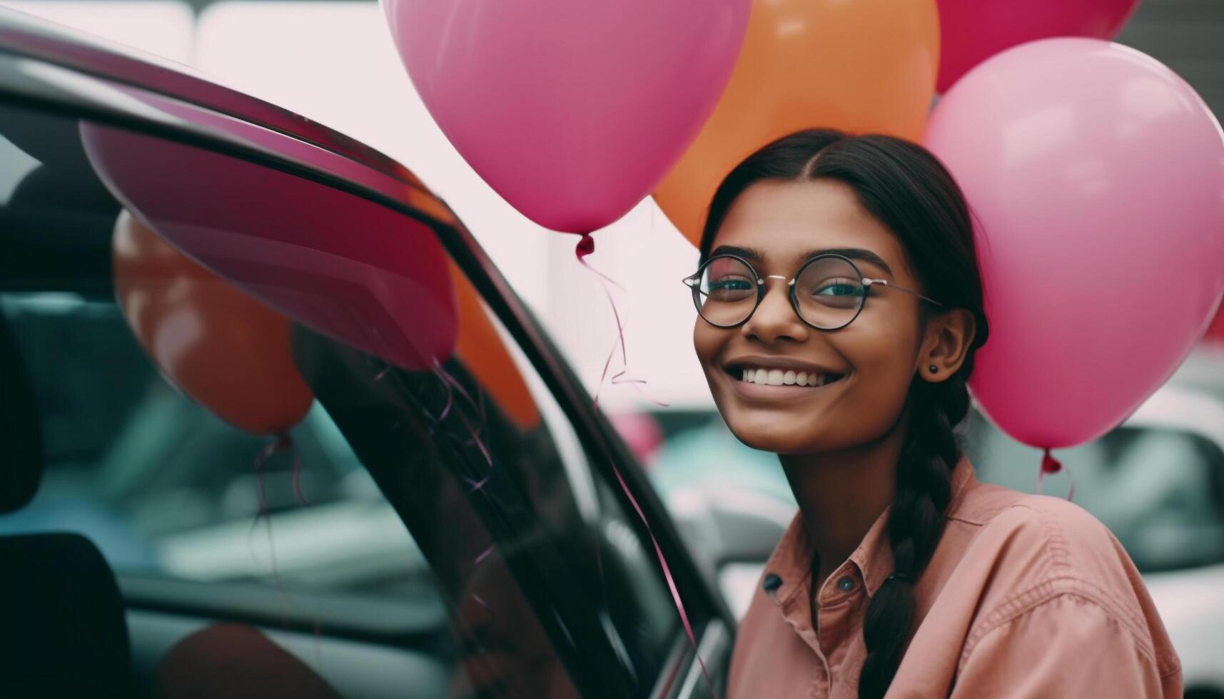 AI generated One woman driving, smiling, holding balloon, enjoying freedom and happiness generated by AI photo