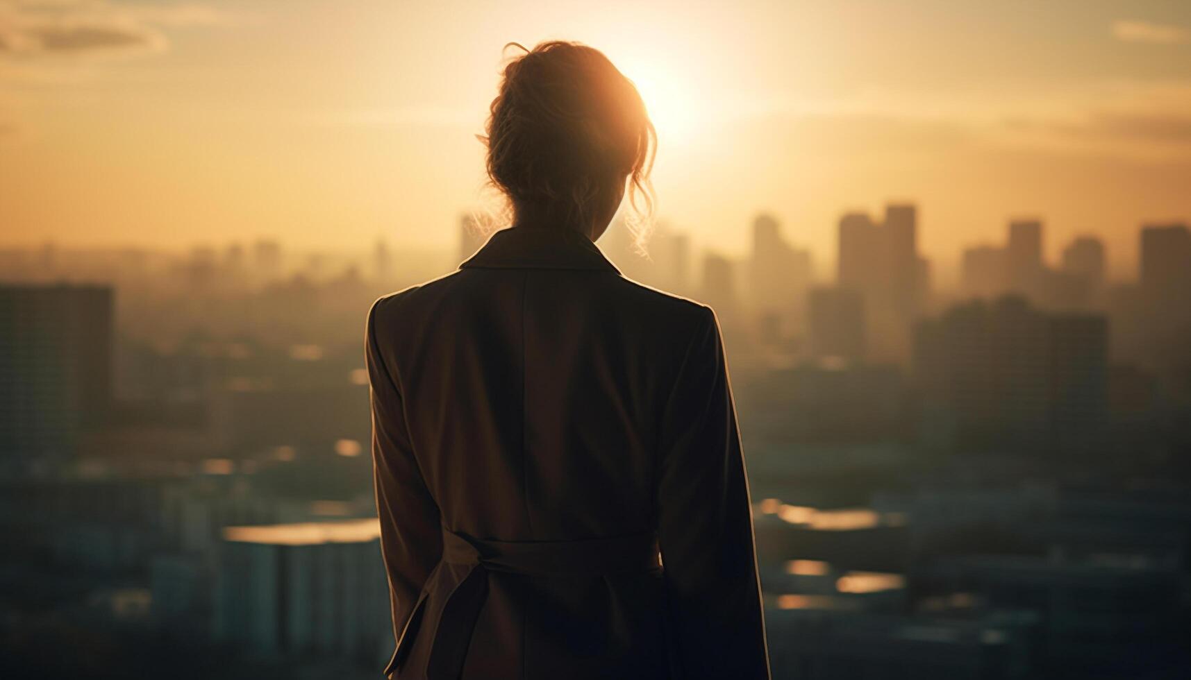 AI generated Confident businessman standing on rooftop, overlooking city at sunset generated by AI photo