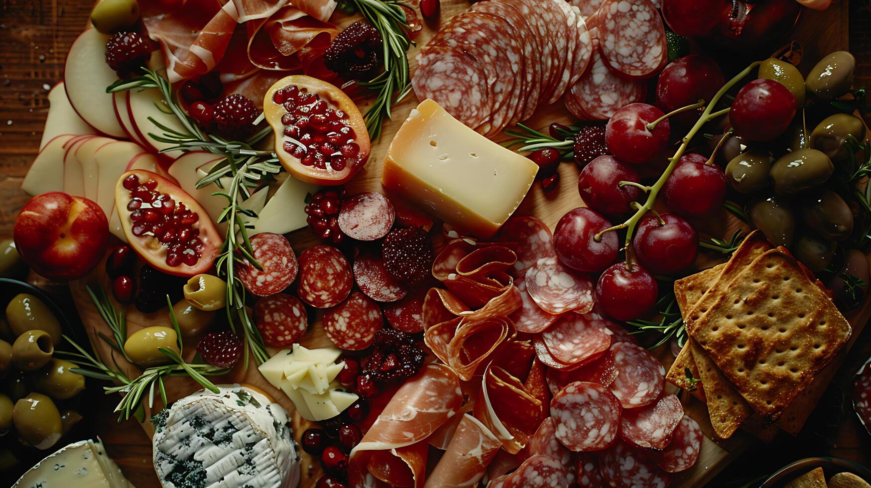 AI generated Styled Charcuterie Board Showcases Assorted Cheeses Meats Crackers and Fruits on Rustic Wooden Serving Board photo