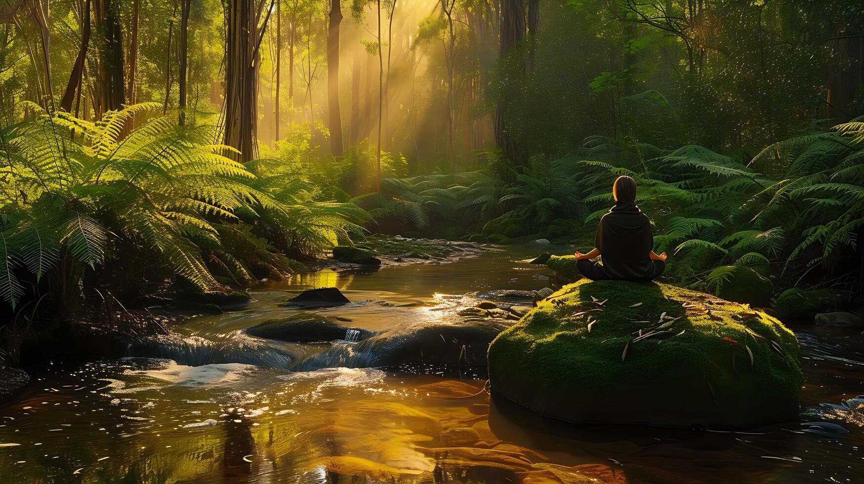 AI generated Tranquil Forest Meditation Serene Scene of Morning Sunlight Wildflowers and Contemplation photo