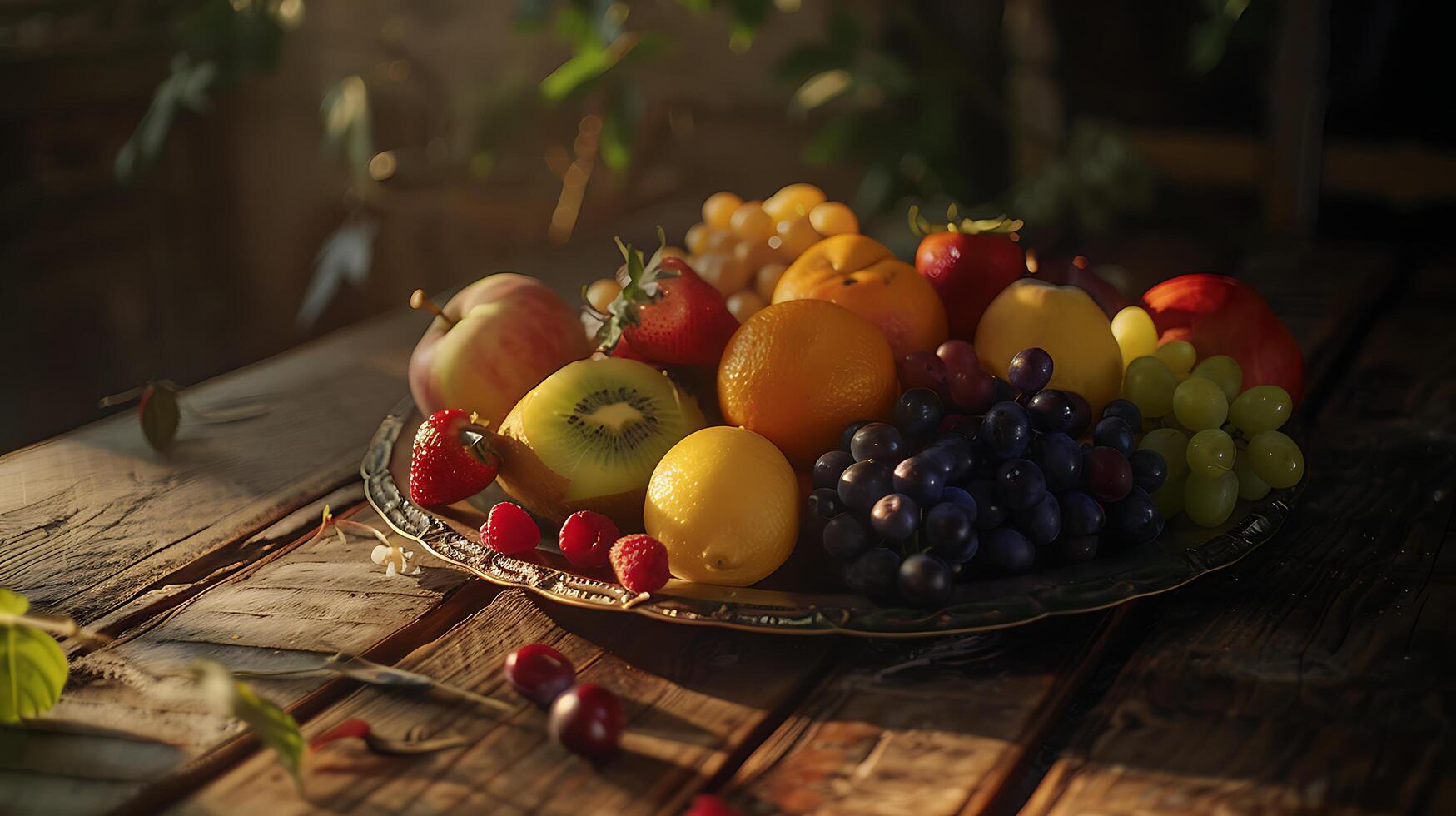 AI generated Colorful Fruit Platter Illuminated by Soft Light Inviting an Appetizing Display photo