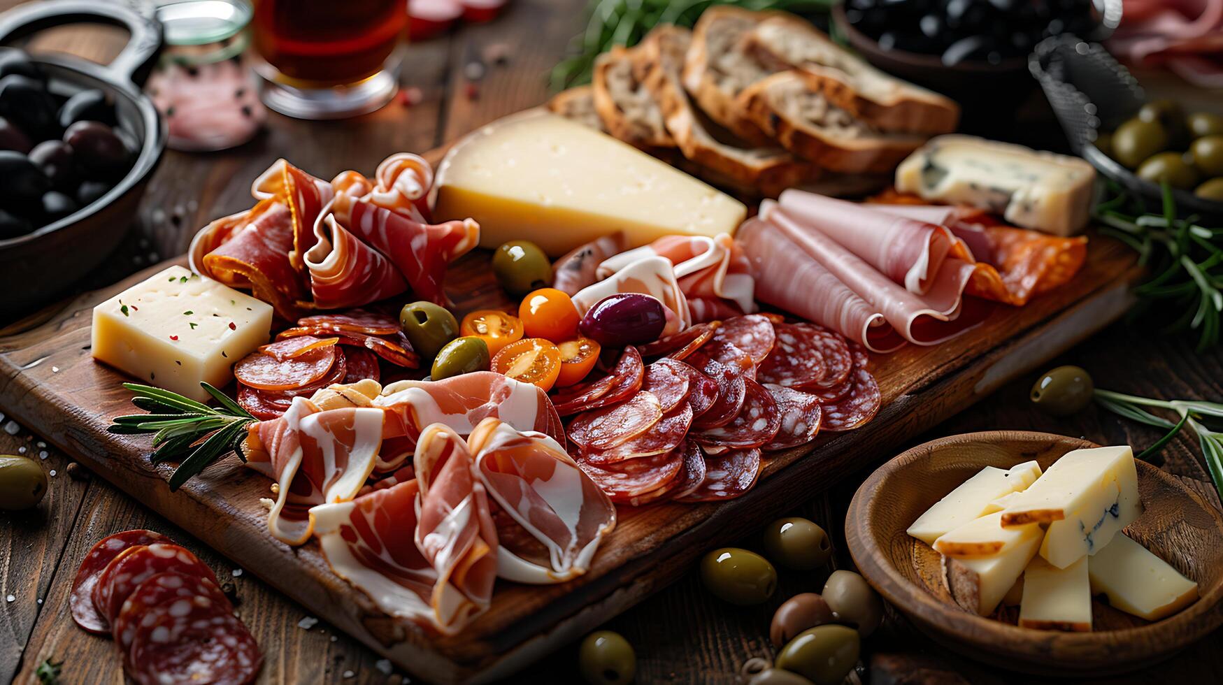 AI generated Delicious Charcuterie Spread Rustic Table Assorted Cheeses Cured Meats Olives and Artisanal Bread photo