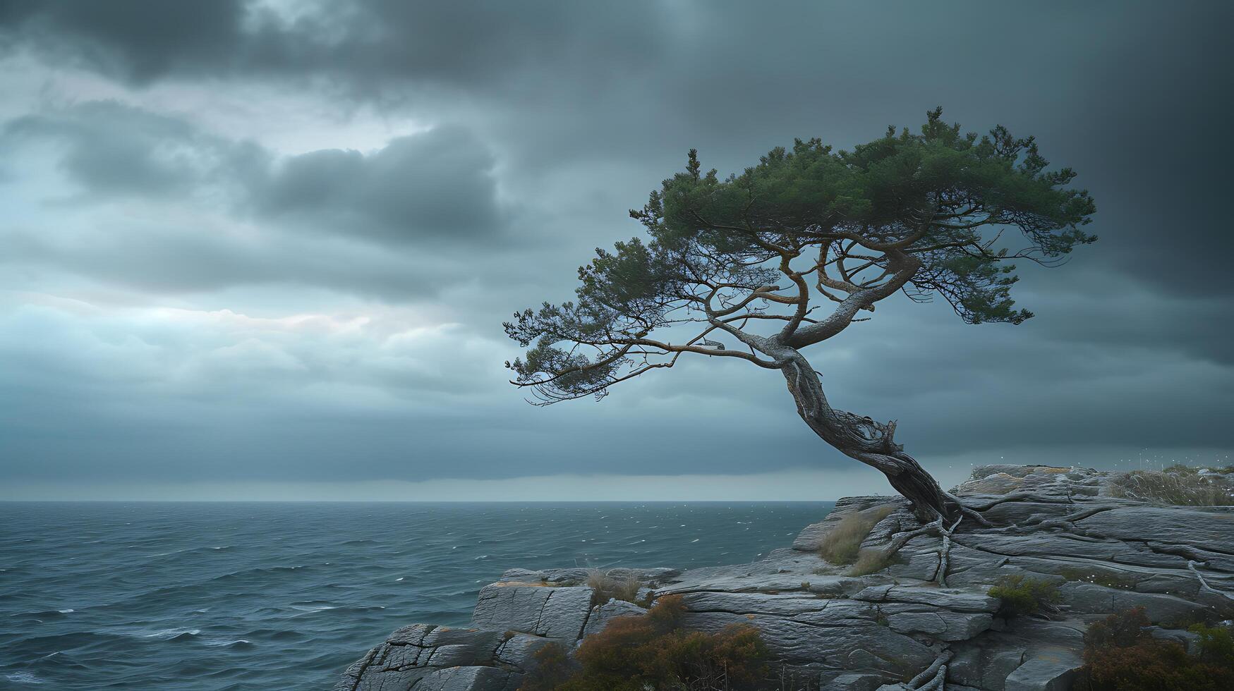 AI generated Resilient Lone Tree Defies Storm Roots Firmly Anchored in Earth Braving the Wind and Defiant Against Dark Swirling Clouds photo