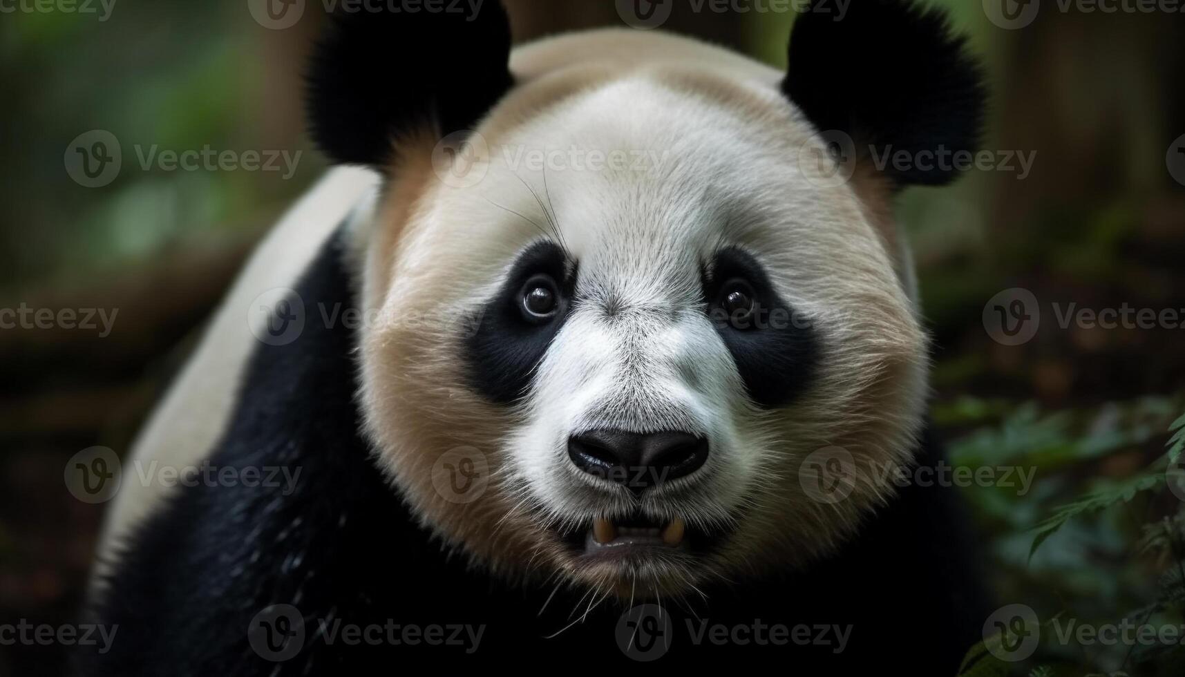 AI generated Cute panda eating bamboo in the wild, looking at camera generated by AI photo
