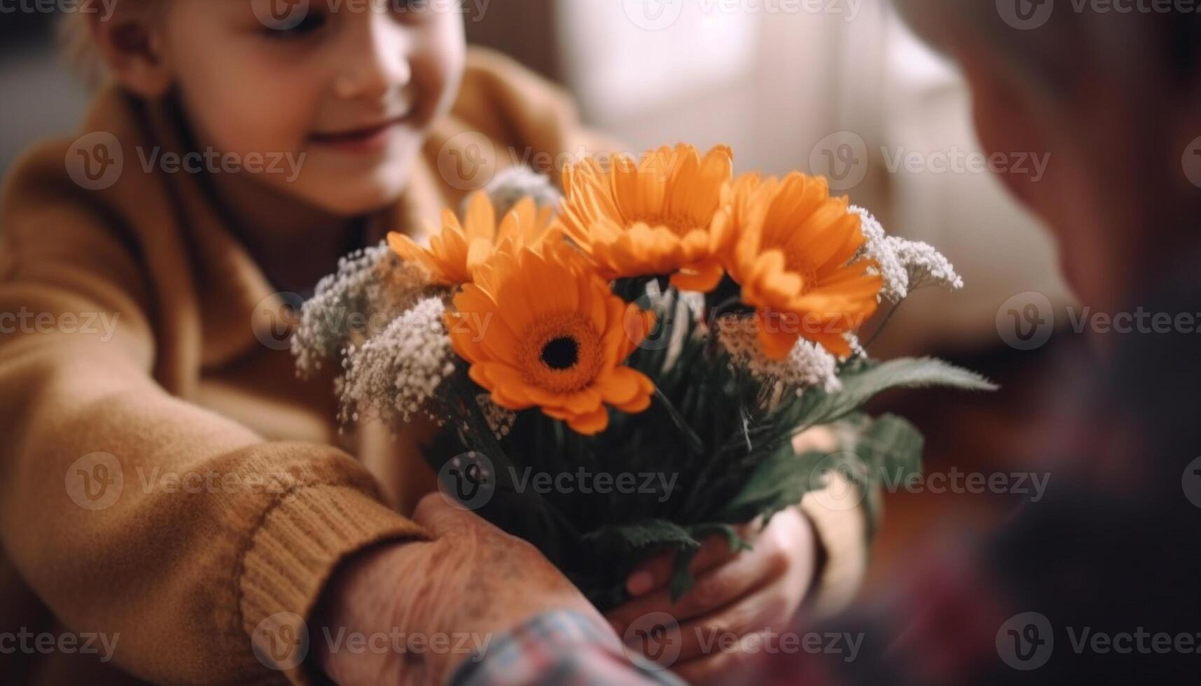 AI generated A happy family indoors, holding a bouquet of flowers generated by AI photo