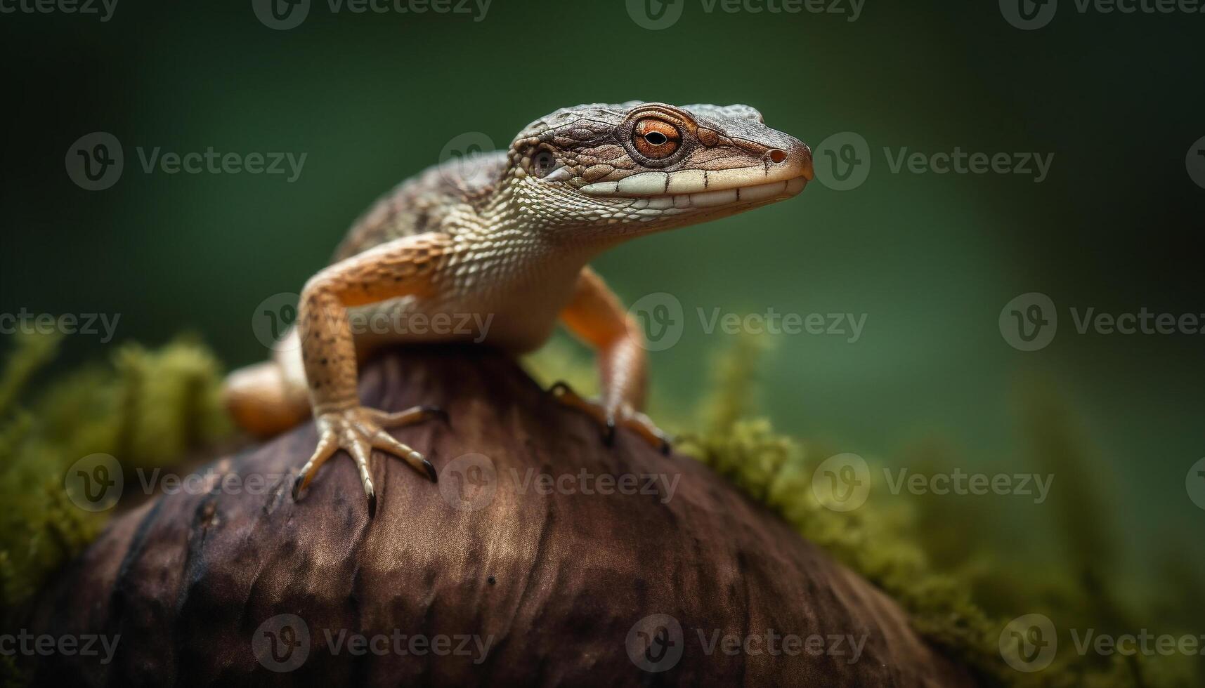 AI generated A cute lizard crawling on a branch in the rainforest generated by AI photo