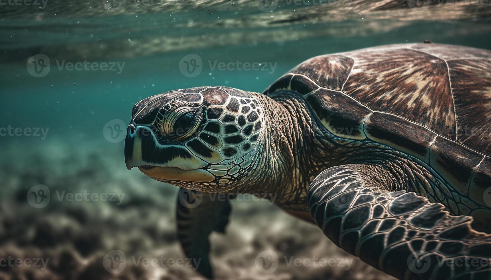 ai generado un majestuoso mar Tortuga nadando en el vistoso coral arrecife generado por ai foto