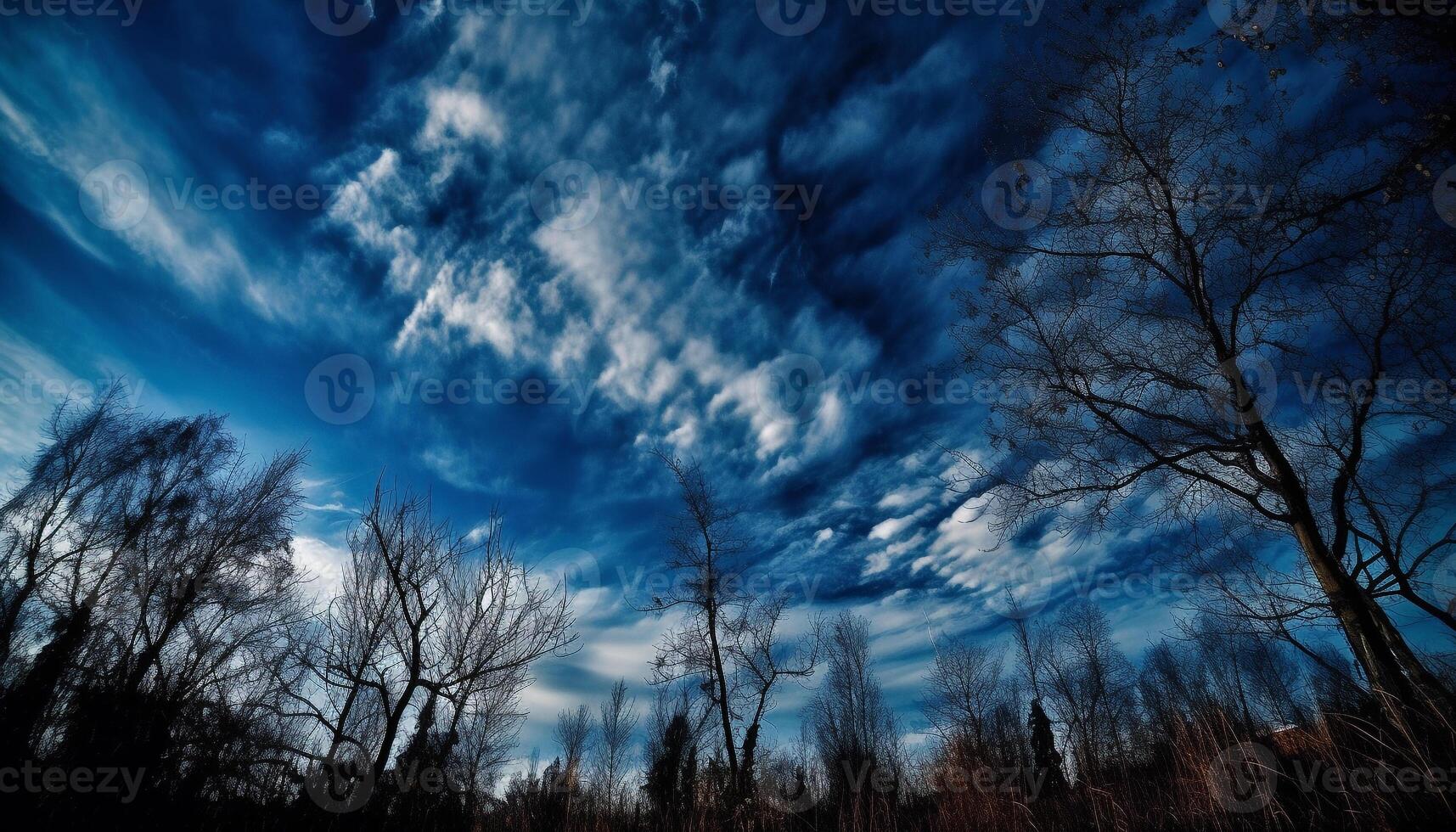 ai generado silueta de árbol en oscuro bosque debajo dramático crepúsculo cielo generado por ai foto