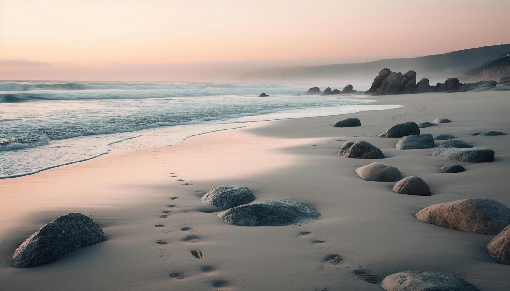 ai generado puesta de sol terminado tranquilo línea costera, olas choque en rocoso apuntalar generado por ai foto