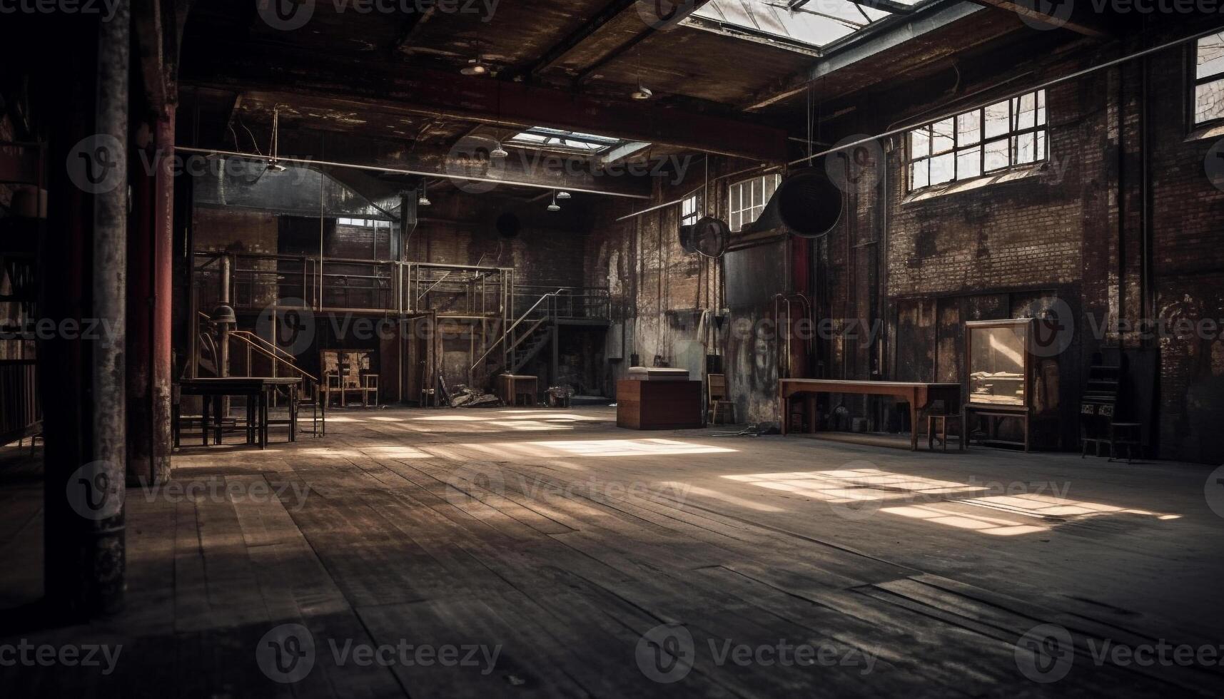 AI generated Abandoned factory, old ruin, spooky, grunge, rusty, broken, messy generated by AI photo