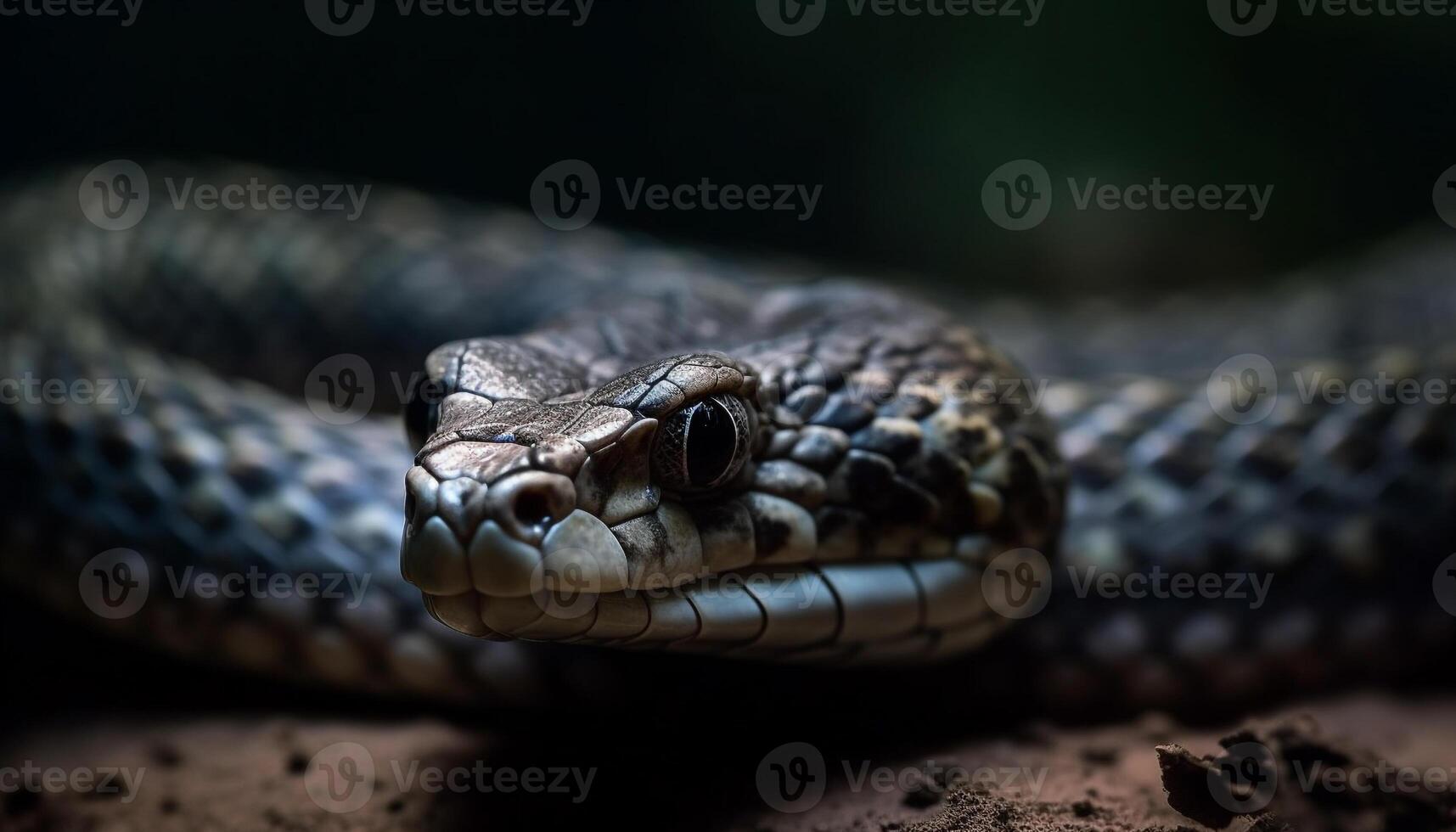 AI generated Close up of a venomous viper spooky eye in the forest generated by AI photo