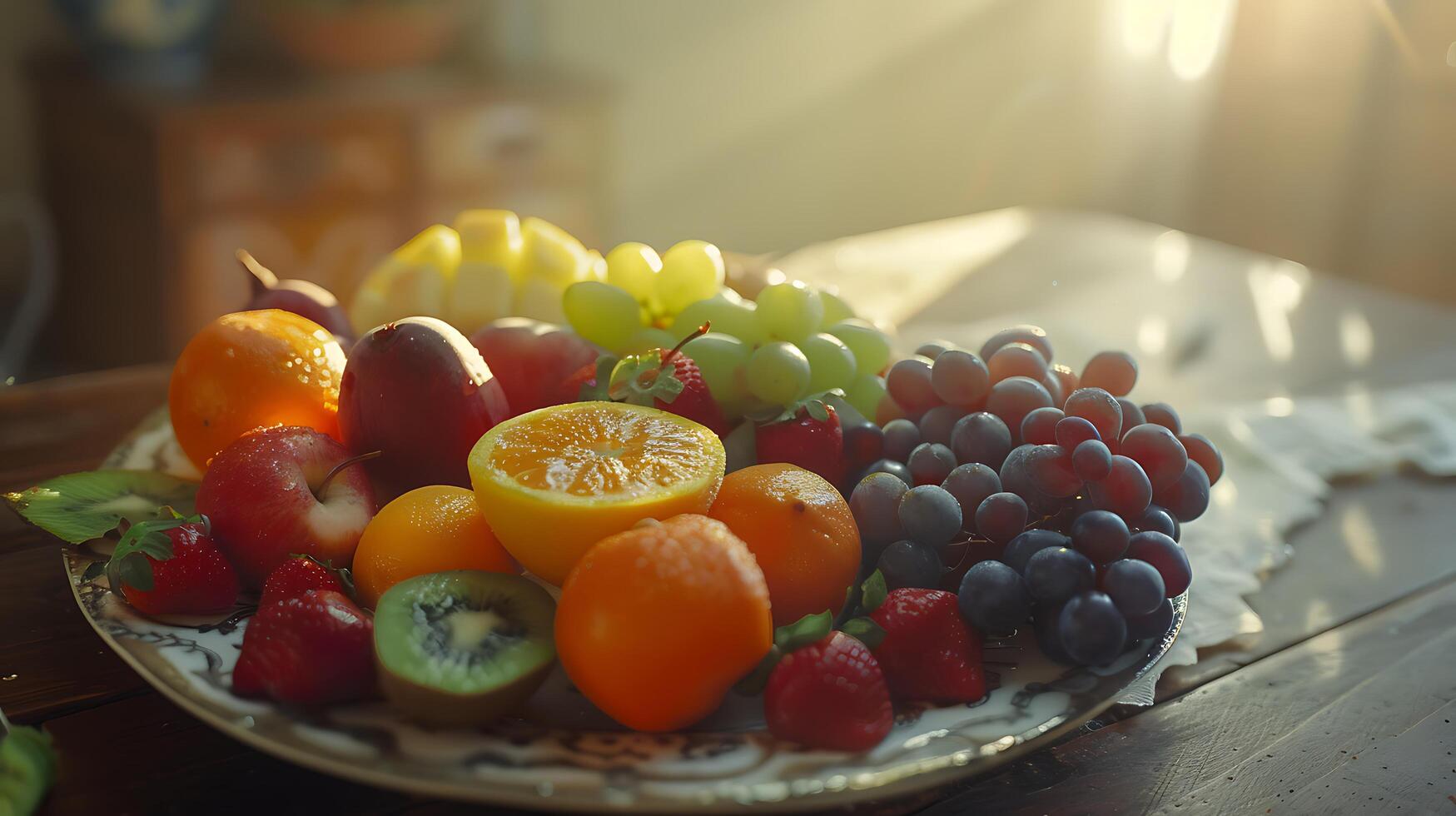 ai generado vibrante Fruta plato iluminado por suave bokeh antecedentes capturado con macro lente foto