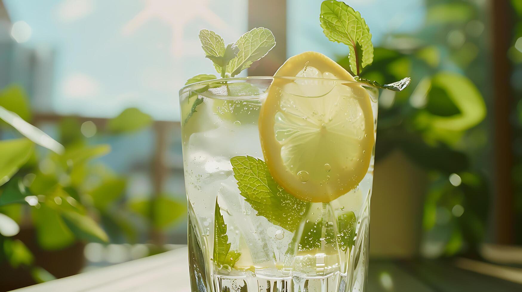 AI generated Refreshing Iced Lemonade with Lemon Slice and Mint on Bright Outdoor Patio photo