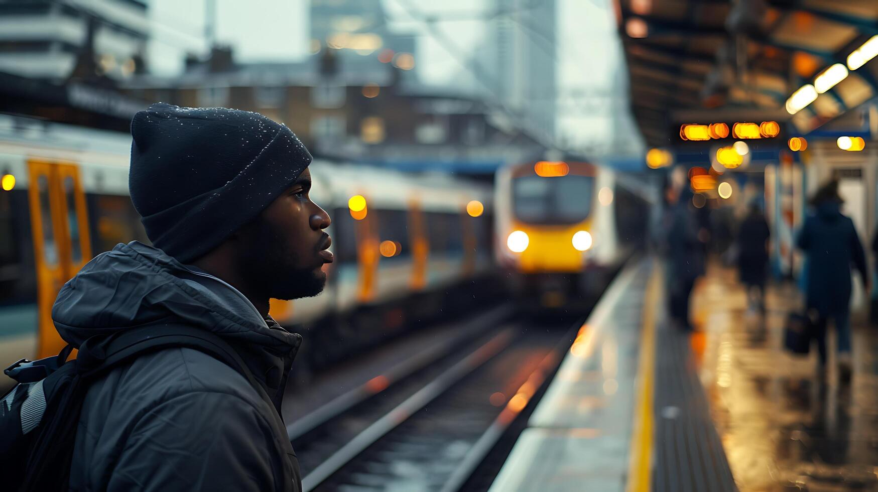 AI generated Awaiting Commuter Train Platform Scene with City Bustle photo