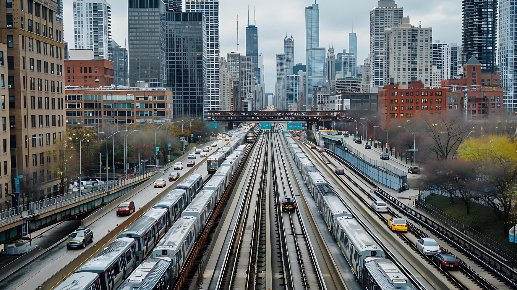 AI generated Bustling Cityscape Captured with 50mm Lens Focused on Busy Highway and Public Transportation photo