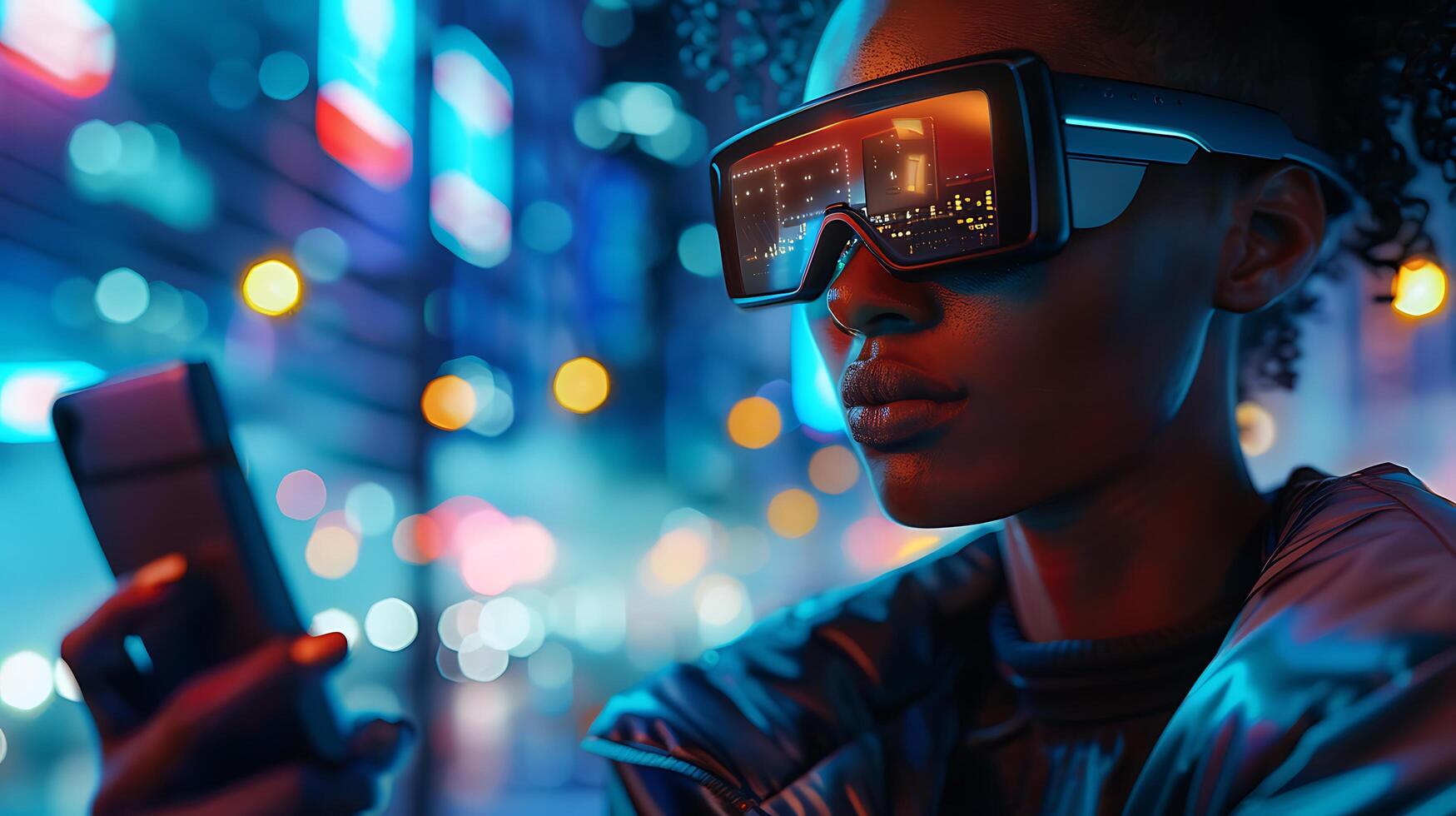 ai generado inmerso en virtual realidad mujer en de cerca Disparo vistiendo vr gafas de protección con futurista digital gráficos foto