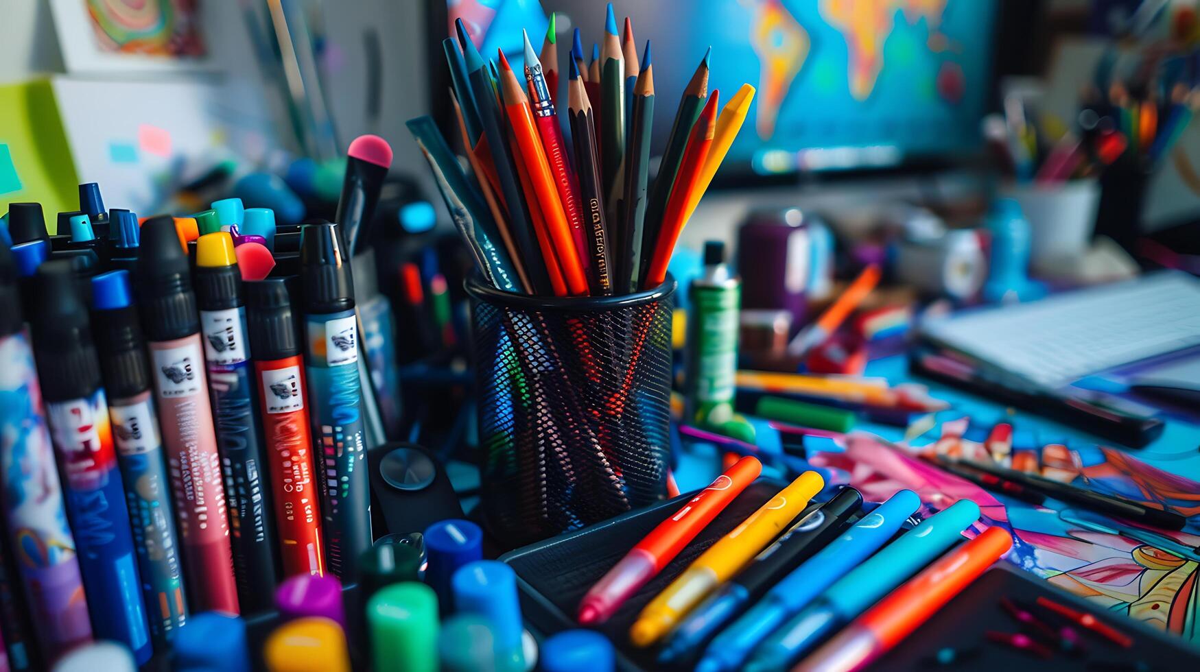 AI generated Designers Desk Colorful Chaos of Swatches Pencils and Software Display Captured in 50mm Closeup photo