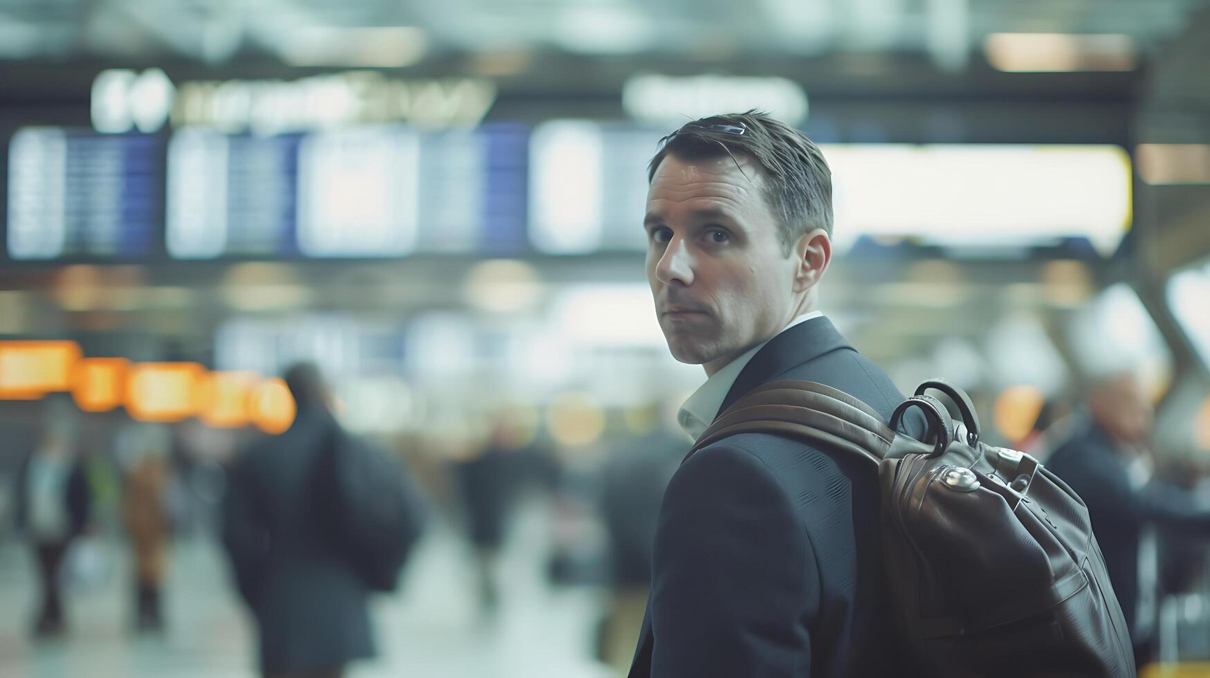 AI generated Confident Businessman Strides Through Busy Airport Terminal Amidst Blurred Travelers and Departure Boards photo
