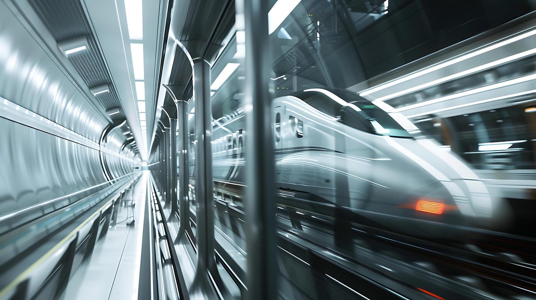 AI generated Sleek Silver Bullet Train Speeds Through Futuristic Station in CloseUp photo