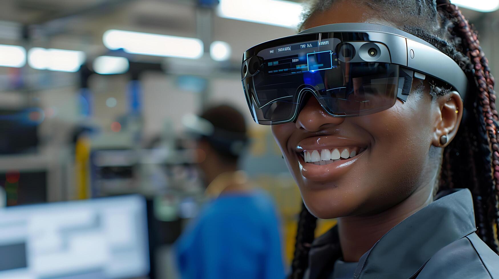 AI generated Woman Embraces Virtual Reality Experience with Smart Glasses Smiling Against Futuristic Minimalist Background photo