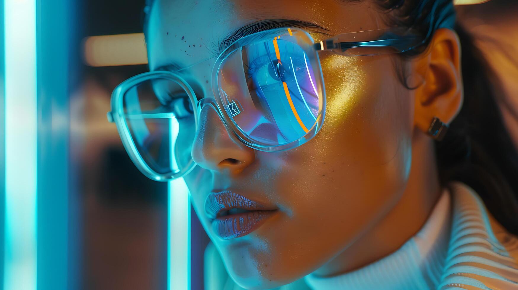 AI generated Young Woman Enjoying Music and Tech Gadgets at Colorful Desk Captured in CloseUp with 50mm Lens photo