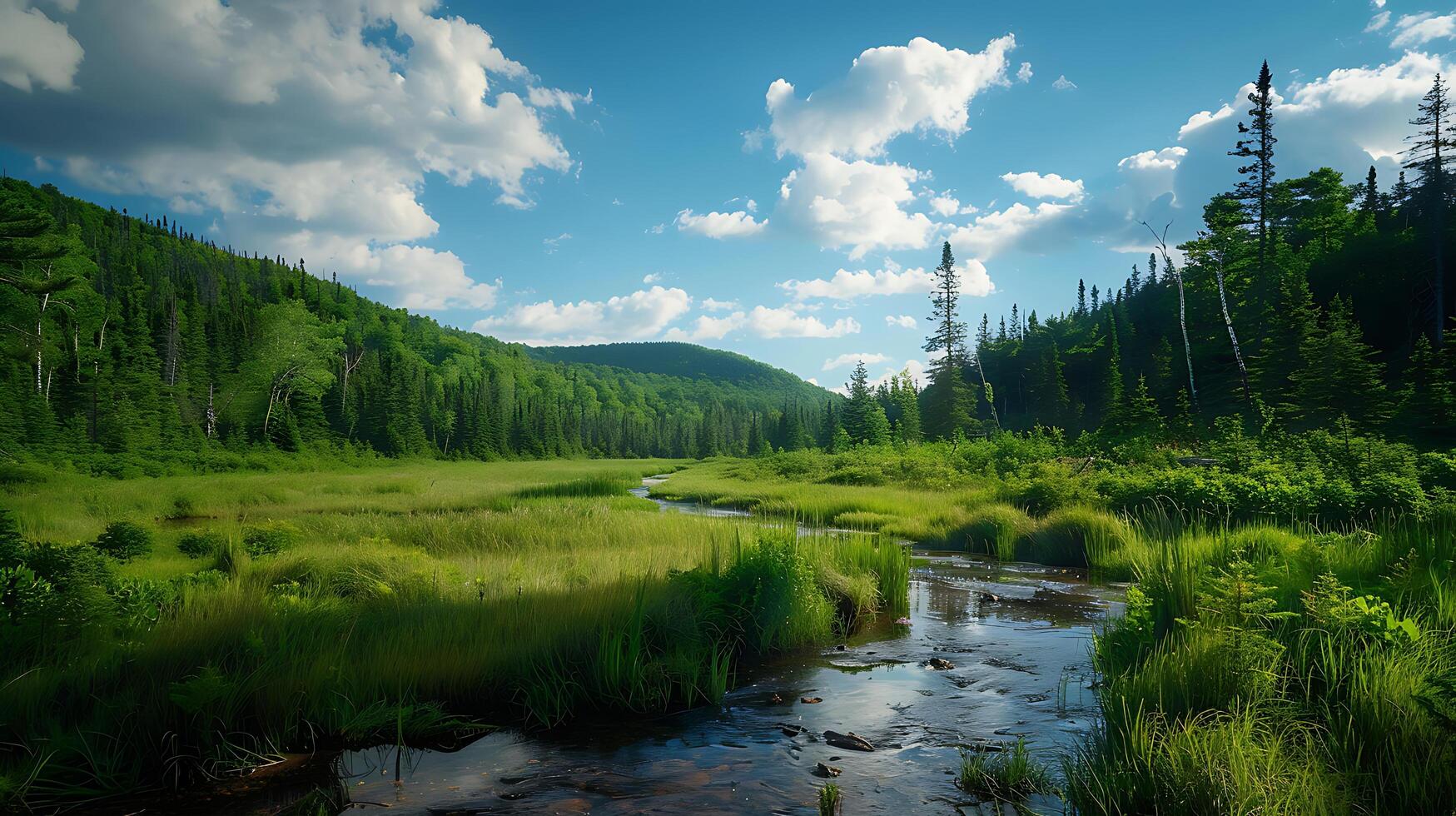 AI generated Sunlit Forest Canopy Creates Dappled Shadows on Lush Green Floor photo