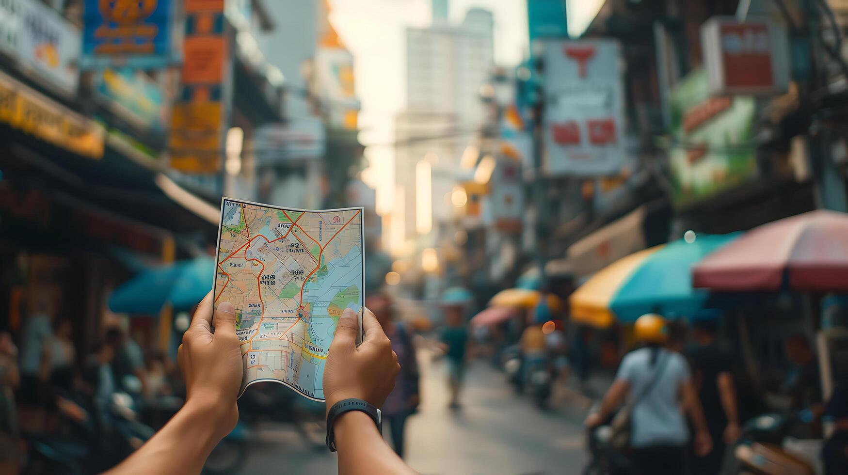 ai generado viajero abraza vibrante energía de nuevo destino participación mapa en bullicioso ciudad calle foto