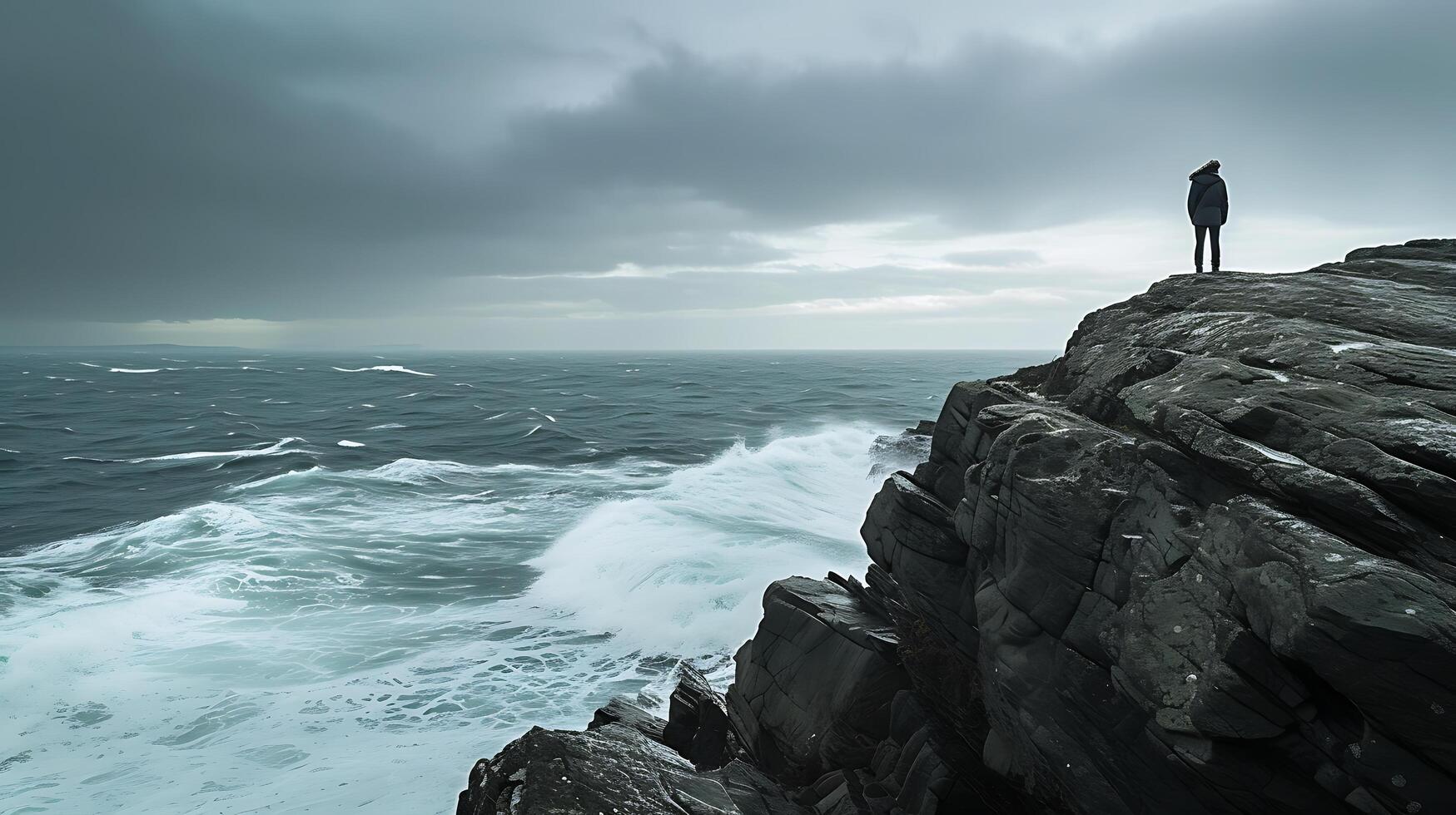 AI generated Adventurer Embraces Tranquility at Cliffs Edge as Sun Sets Over Untouched Wilderness photo