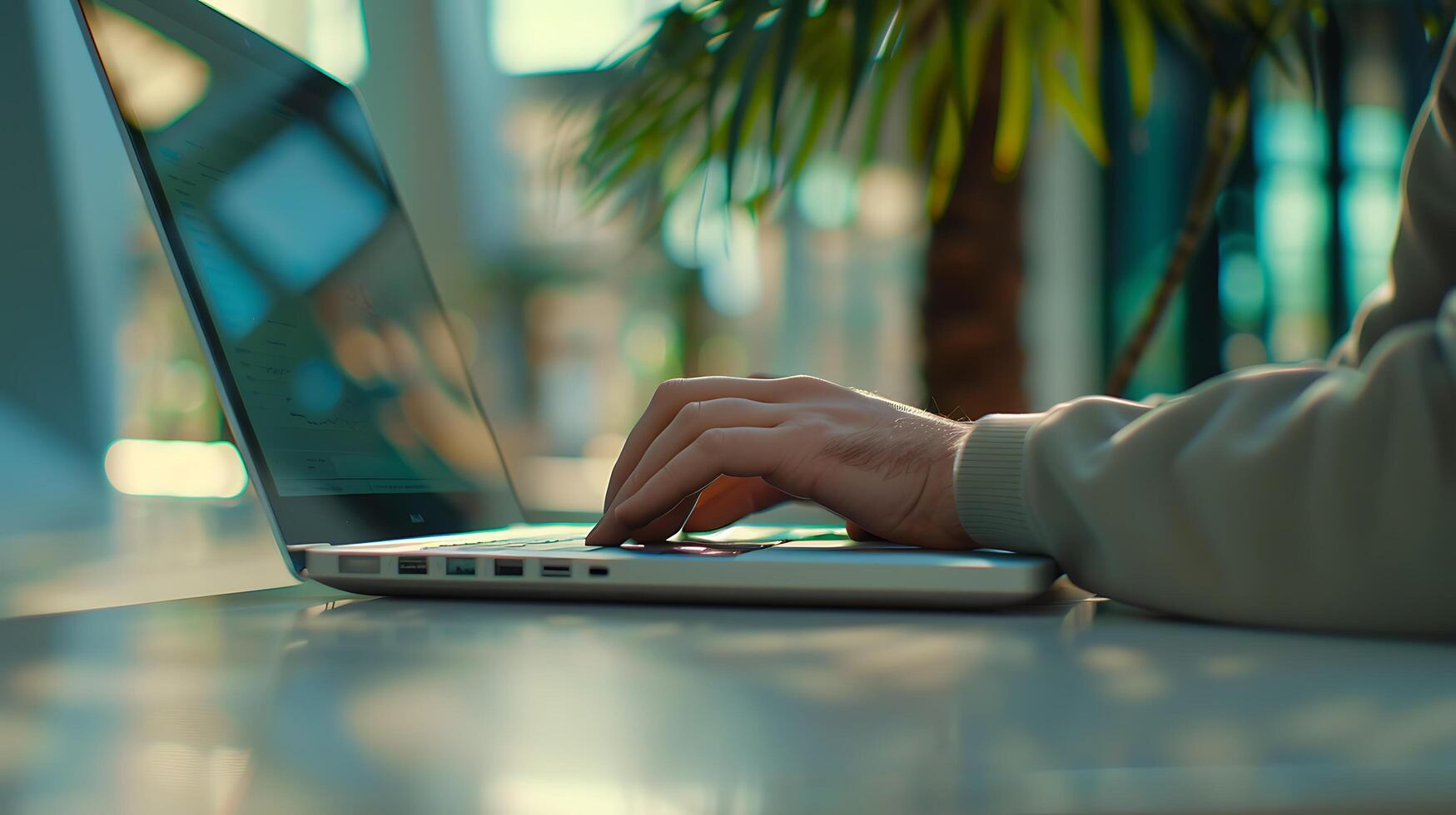AI generated Person Wearing Wireless Earbuds in Modern Office Space with Blurred Background of Computer Monitors photo