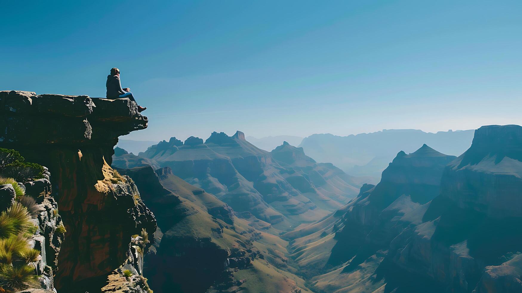 AI generated Traveler Contemplates Vast Mountain Vista from Rugged Cliff Edge photo