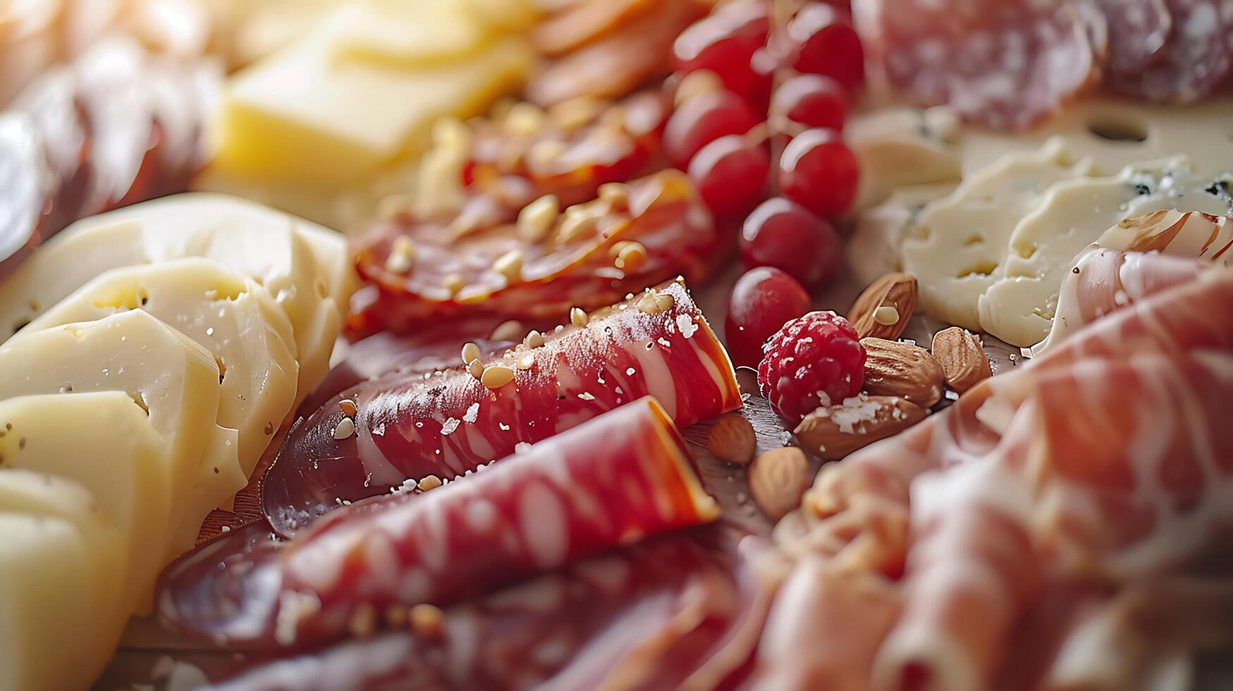 ai generado ingeniosamente arreglado charcutería tablero vitrinas curado carnes quesos aceitunas y frutas en de cerca foto