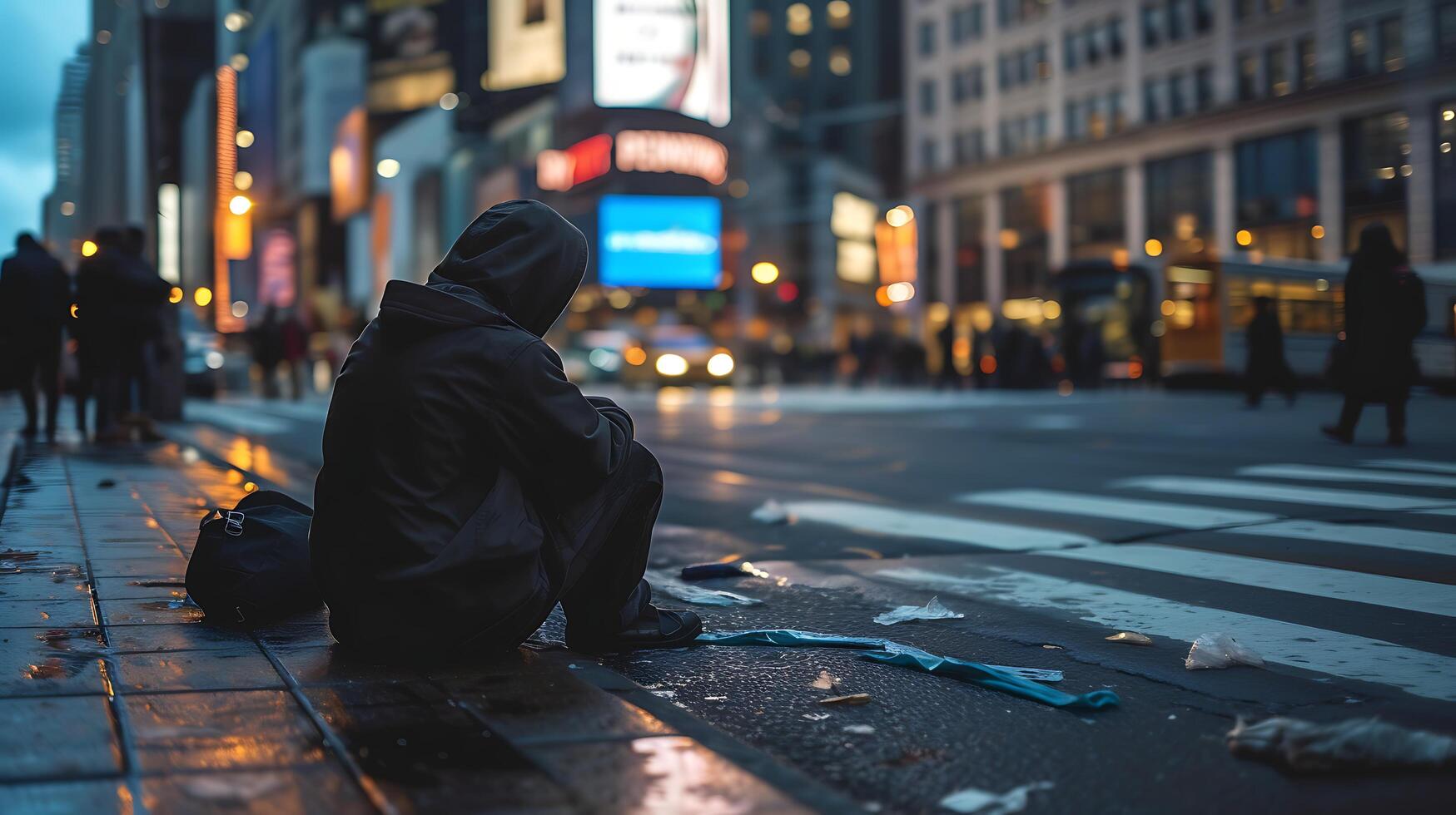 AI generated Homeless Person Huddled on City Street Corner Surrounded by Trash Bags Against Grungy Urban Backdrop photo