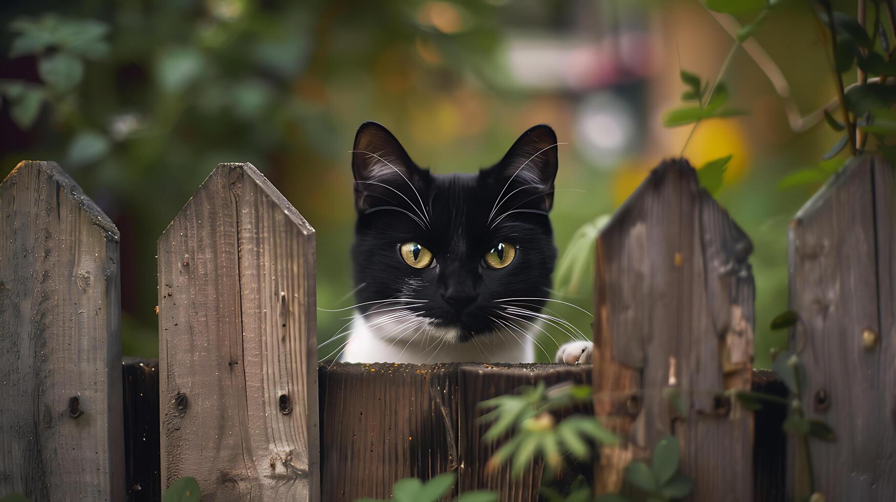 AI generated Curious Cat Peering Through Rustic Wooden Fence in Backyard Garden photo