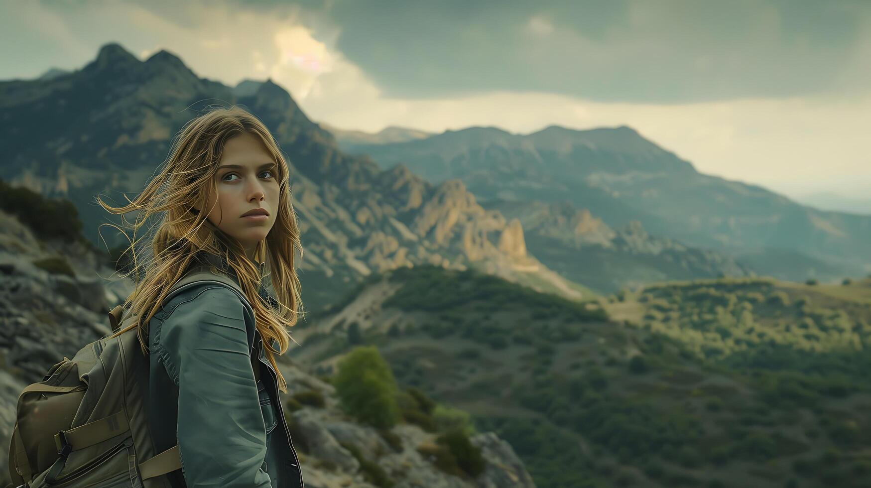 AI generated Young Woman Contemplates Scenic Mountain Landscape with Soft Natural Light photo